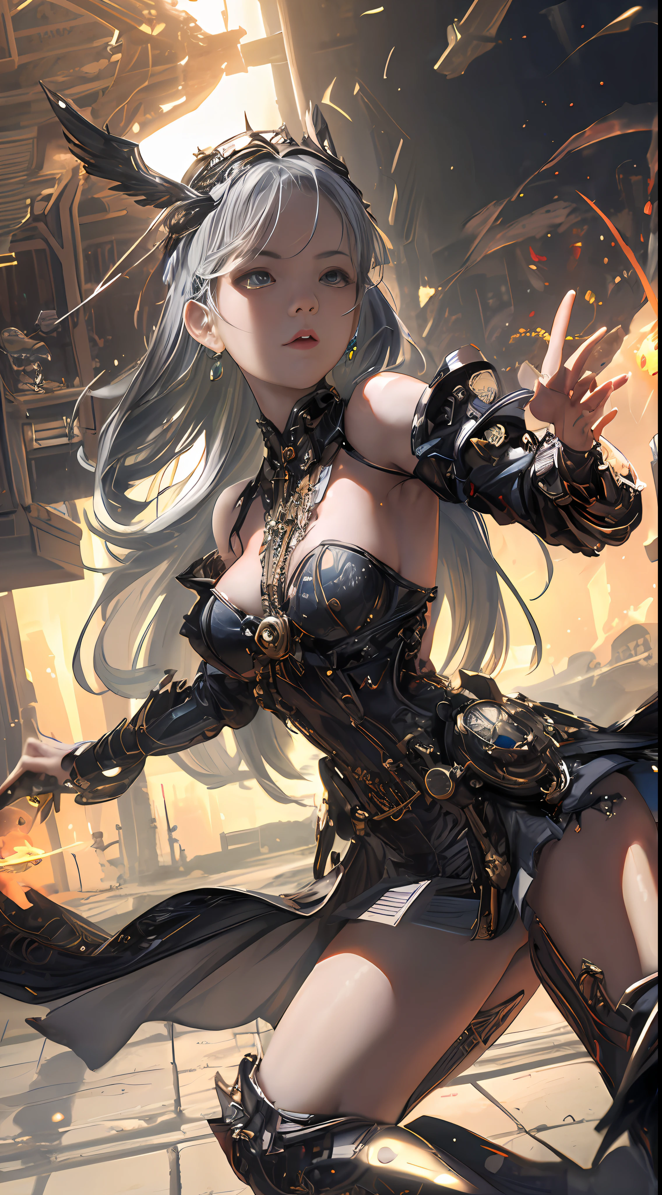 ((Best Quality)), ((Masterpiece)), (Details:1.4), 3D, Dynamic action poses for battle scenes, Very complex and large fighter-like mechanical weapon, Wings with jet engines, Android Mage Girl, Mechanical Body, Countless glowing large spheres spinning around, Lots of sparks crossing and splashing, Mechanical bodies, off-the-shoulder fashion that fuses detailed and intricate steampunk and detailed gothic ta, poses that invoke magic, large spheres of light spinning and flying, countless neon lights pouring down from the heavens, very thin long legs, over-the-knee mechanical boots, intricate steampunk headgear, fluttering lace flared miniskirt, upturned and beautiful small breasts, clean long silver hair, Long vertical curly hair, wind driven, burning futuristic complex steampunk factory background, cinematic lighting, HDR (High Dynamic Range), ray tracing, NVIDIA RTX, super resolution, Unreal 5, subsurface scattering, PBR texturing, post-processing, anisotropic filtering, depth of field, maximum clarity and sharpness, Multi-layer textures, albedo and specular maps, surface shading, accurate simulation light material interaction, perfect proportions, octane rendering, two-tone lighting, wide aperture, low ISO, white balance, rule of thirds, 16K RAW,