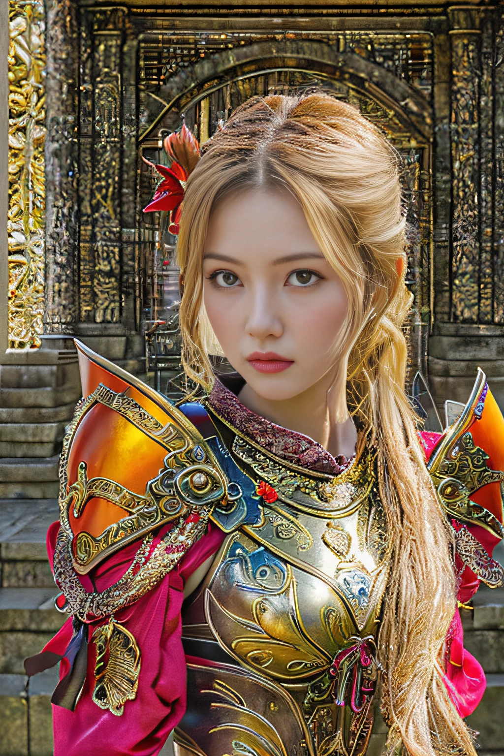 25 year old beauty,(8K, Best Quality:1.2), (masutepiece:1.37), (Photo, Photorealistic:1.37), (超A high resolution), Full body, Walking Pose, shot from front, slow motion, Female Paladin in Body Armor, (Half Armor), (Gold and red accent armor:1),(Ornately decorated armor), (Show orange bra), (Insanely detailed, bloom:1.5), (Highest Quality, Concept art, 4K), (analogue:1.2), (High Sharpness), (Detailed pupils:1.1), Detailed face and eyes, masutepiece, Best Quality, (extremely detailed photo:1.1), (Long Blonde Hair, Ponytail,Ecstatic:1.1), (Young Woman:1.1), sharp, (Perfect body:1.1), Realistic, real shadow, 。.。.。.。.。.3D, (a temple background:1.2), photographed:Canan EOS R6, 135 mm, 1/1250s, F/2.8, ISO 400, (Brown hair, Red Highlight Hair, Ponytail), (Face front), model poses, (Show breasts), Orange Bra