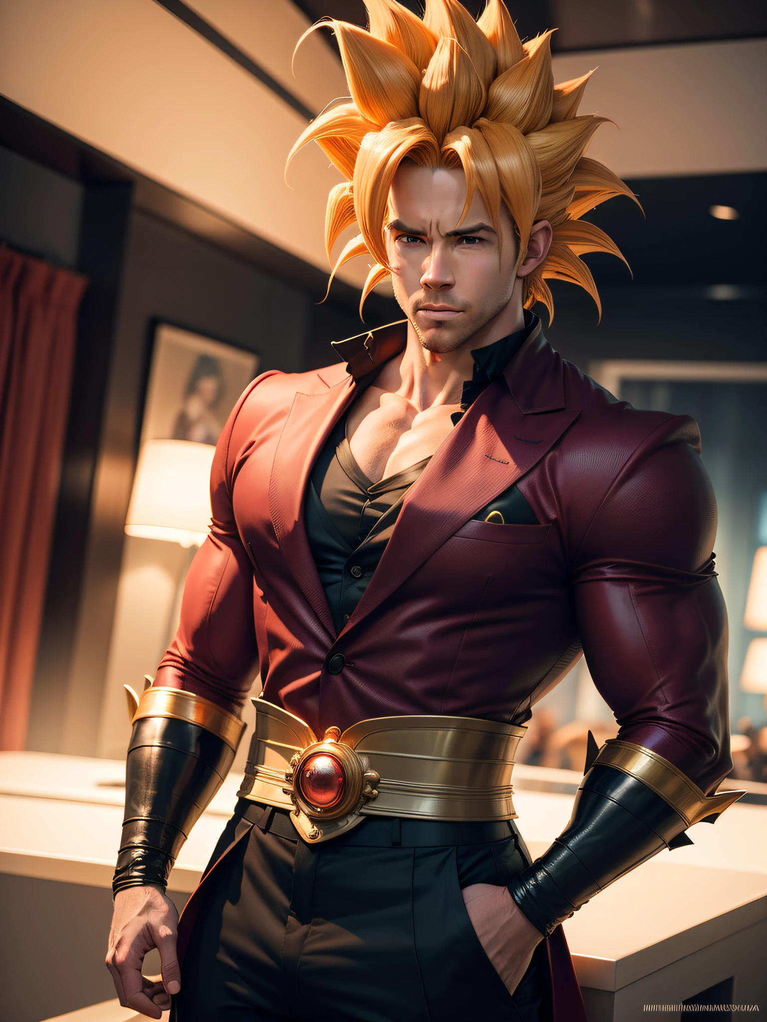 Um homem, com traje do super sayajin do Dragon Ball Z, como Goku do Dragon Ball Z, fotorealista, autoretrato realista, imagem real, pele humana realista, inspirado em Ryan Reynolds.