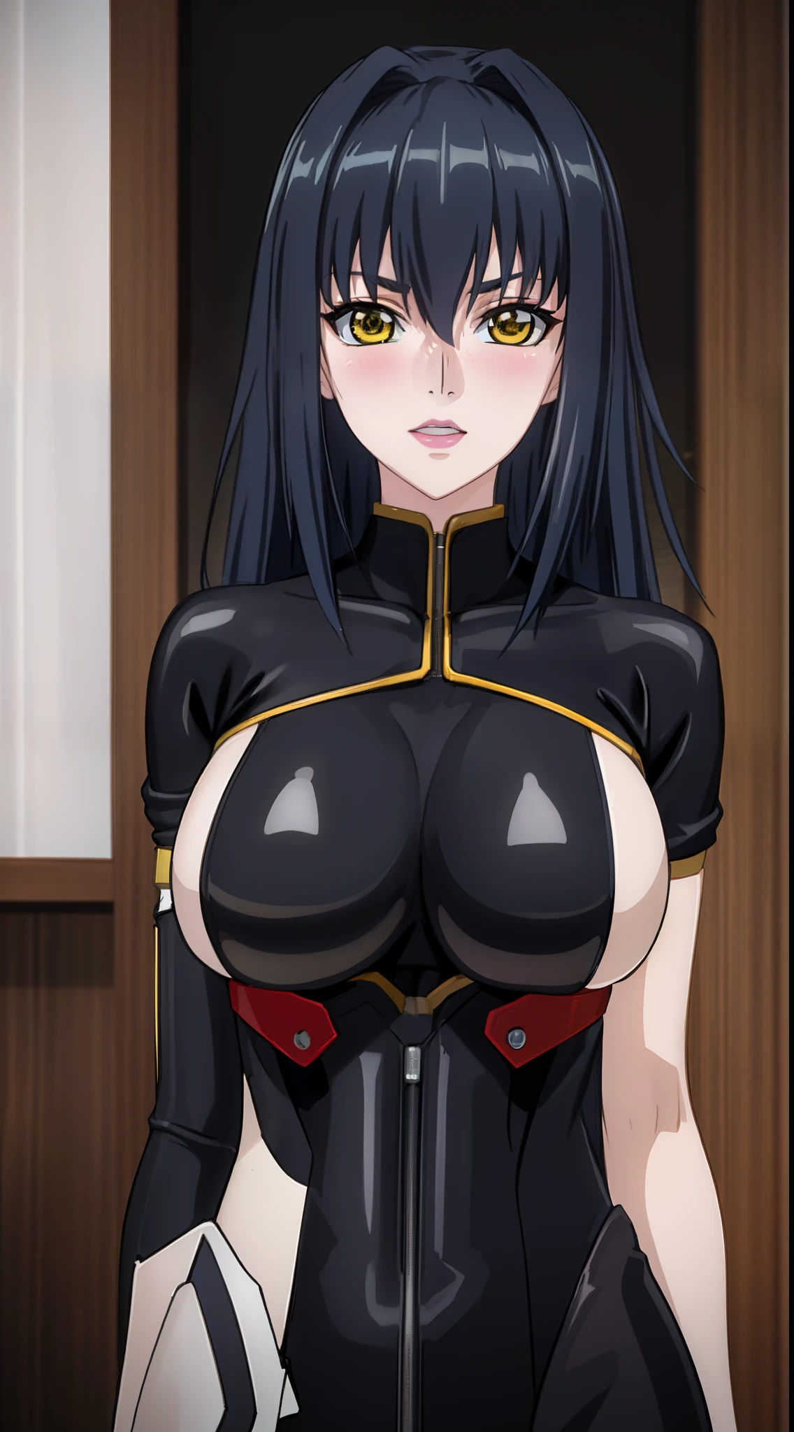 professional artwork, Intricate Details, sharp focus, detailed painting, photorealistic lighting, trending on pixiv, Standing at attention, ((black outfit ,yellow collared shirt,black and red bodysuit,skin_tight,black legwear, black pantyhose, Side_boob)), (((fully suited:1.5))) black hair,very long hair, Bangs,yellow eyes,makeup, lipstick, 40yo,mature female,Beautiful Finger,Beautiful long legs,Beautiful body,Beautiful Nose,Beautiful character design, perfect eyes detail, perfect face, looking at viewer,official art,extremely detailed CG unity, perfect lighting,Colorful, Bright_Front_face_Lighting, (masterpiece:1.0),(best_quality:1.0), ultra high res,ultra-detailed, photography, 8K, HDR, highres, absurdres:1.2, Kodak portra 400, film grain, blurry background, bokeh:1.2, lens flare, (vibrant_color:1.2) (Beautiful,large_Breasts:1.4), (beautiful_face:1.5),(narrow_waist), (solo:1.4), ((upper body shot:1.4)), annerose:1, (super blushing, super shy, tsundere:1),