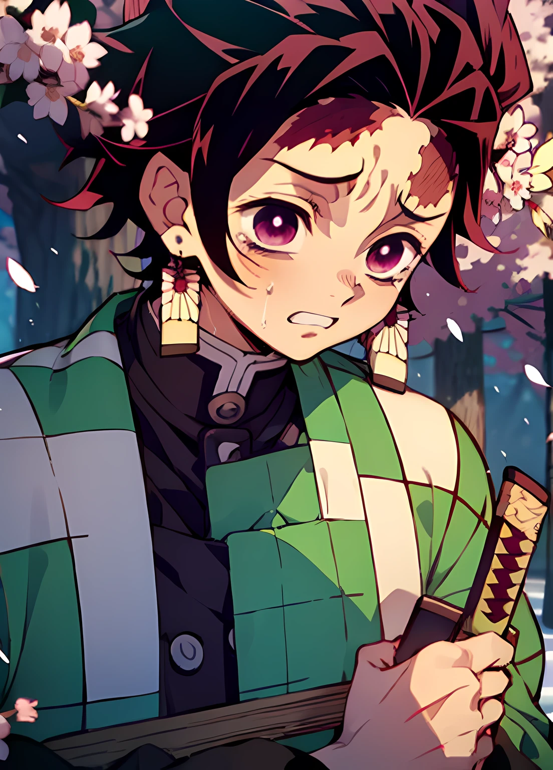 "Kamado Tanjiro from Demon Slayer, snowing, cherry blossoms, crying, wearing a green plaid shirt, holding a katana."