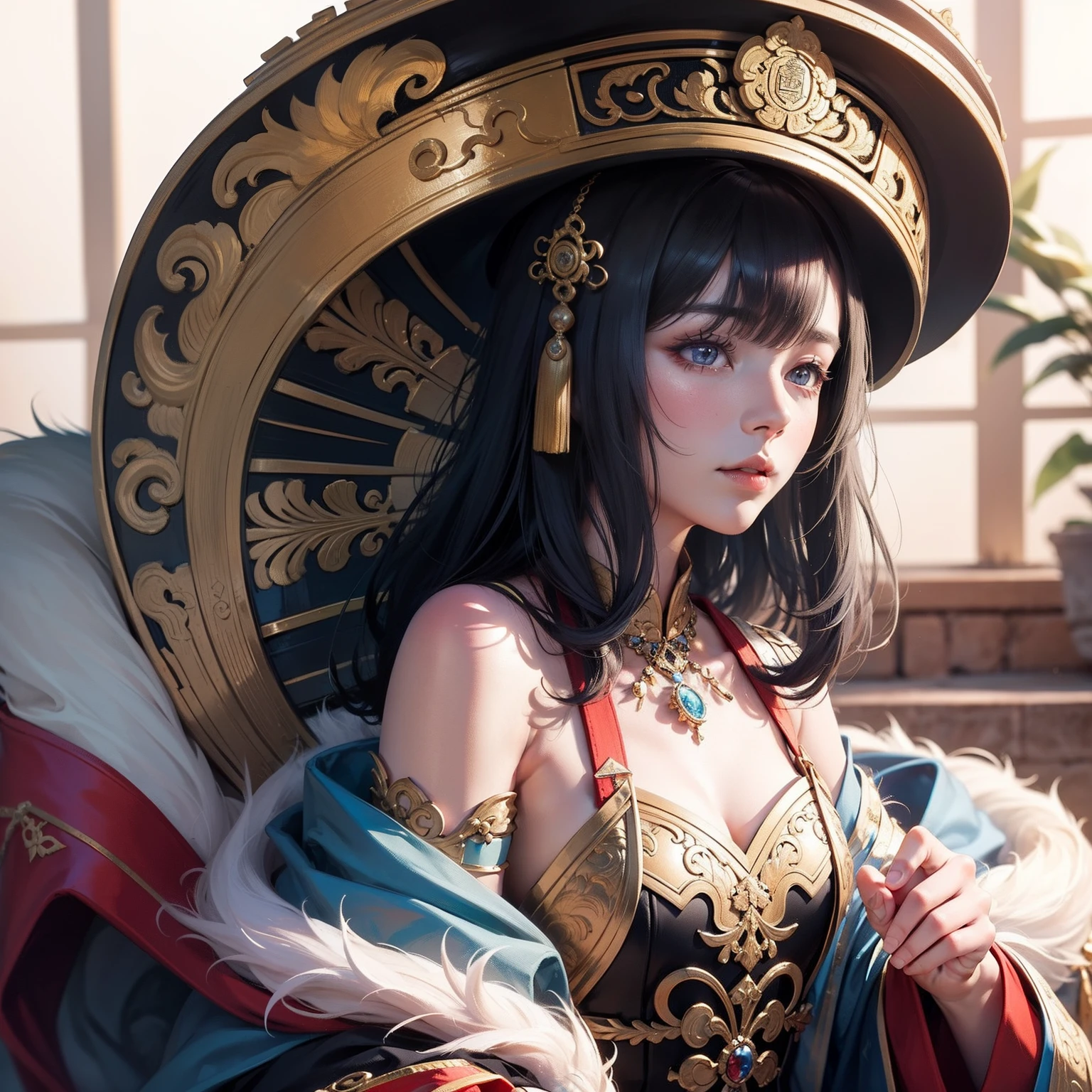 tmasterpiece,one-girl,She wore a Qing dynasty official hat and official robe,Stunning appearance,beatiful detailed eyes,Real and effective,Ultra photo realsisim,True restore