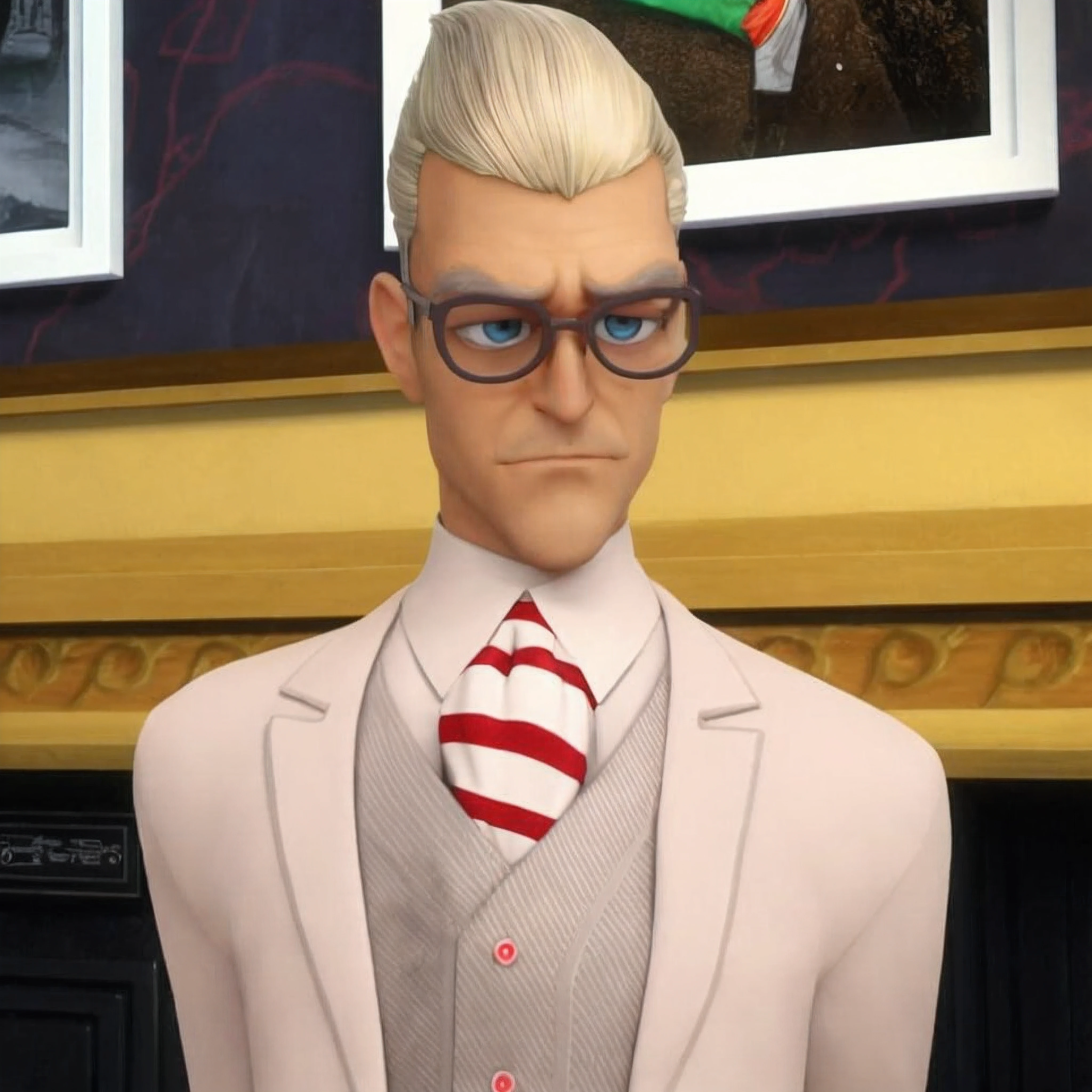 there is a man in a suit and tie standing in front of a picture, gru from despicable me, portrait of professor sinister, name of the character is chad, inspired by Max Magnus Norman, president waluigi, professor clothes, despicable, still from despicable me 2010, agent 47 in a scene from naruto, bill gates in overwatch, hyper realistic, high quality. (realism:1.3), top quality