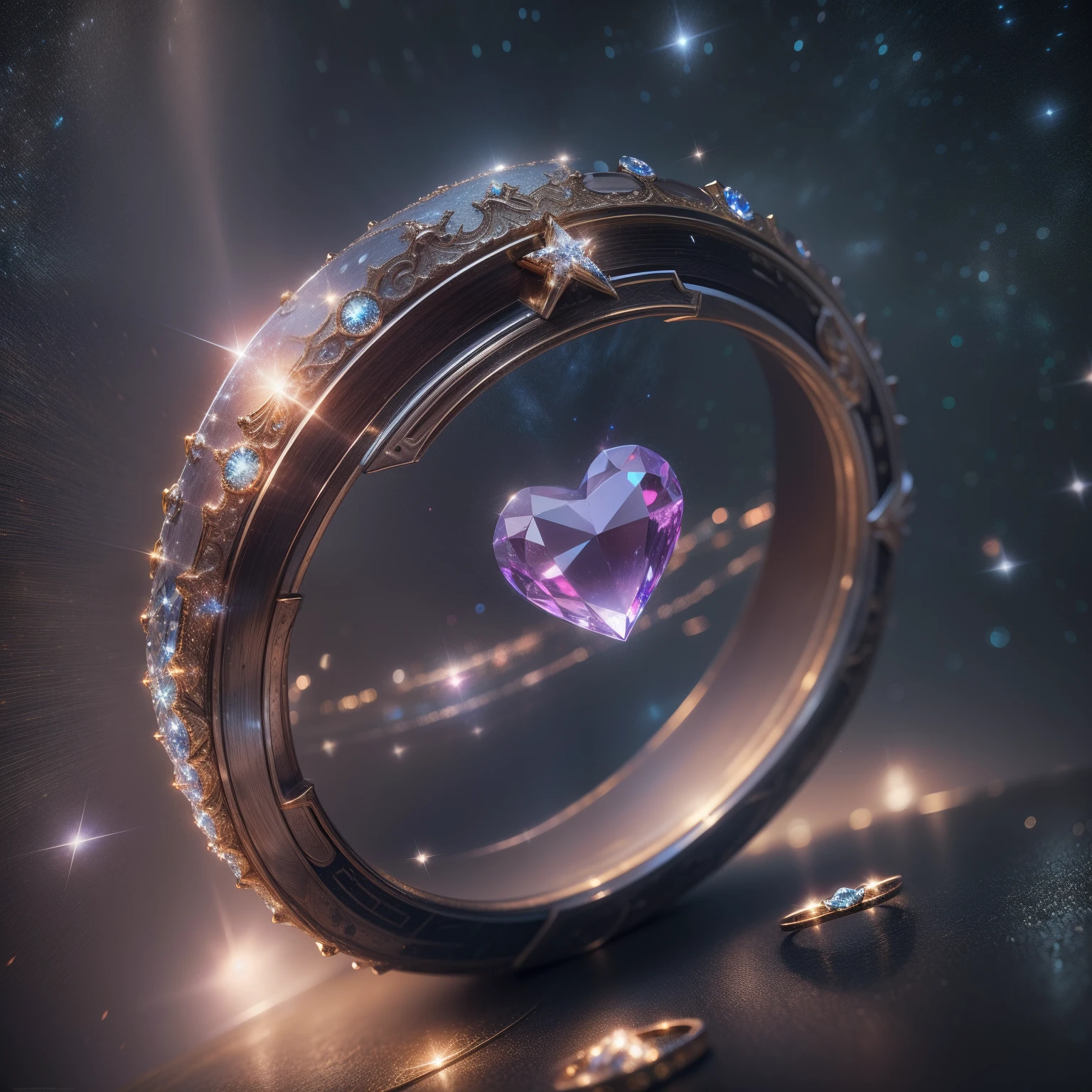 masterpiece,best quality,ultra high res, 8k uhd, dslr, high quality,(photorealistic:1.4), cinematic lighting, HDR,a beautiful ring with heart shaped jewel diamond, shining with sparkle and glitter, ,motion design,C4D,rendering,light and shadow, starrysky，Starry sky in the ring,