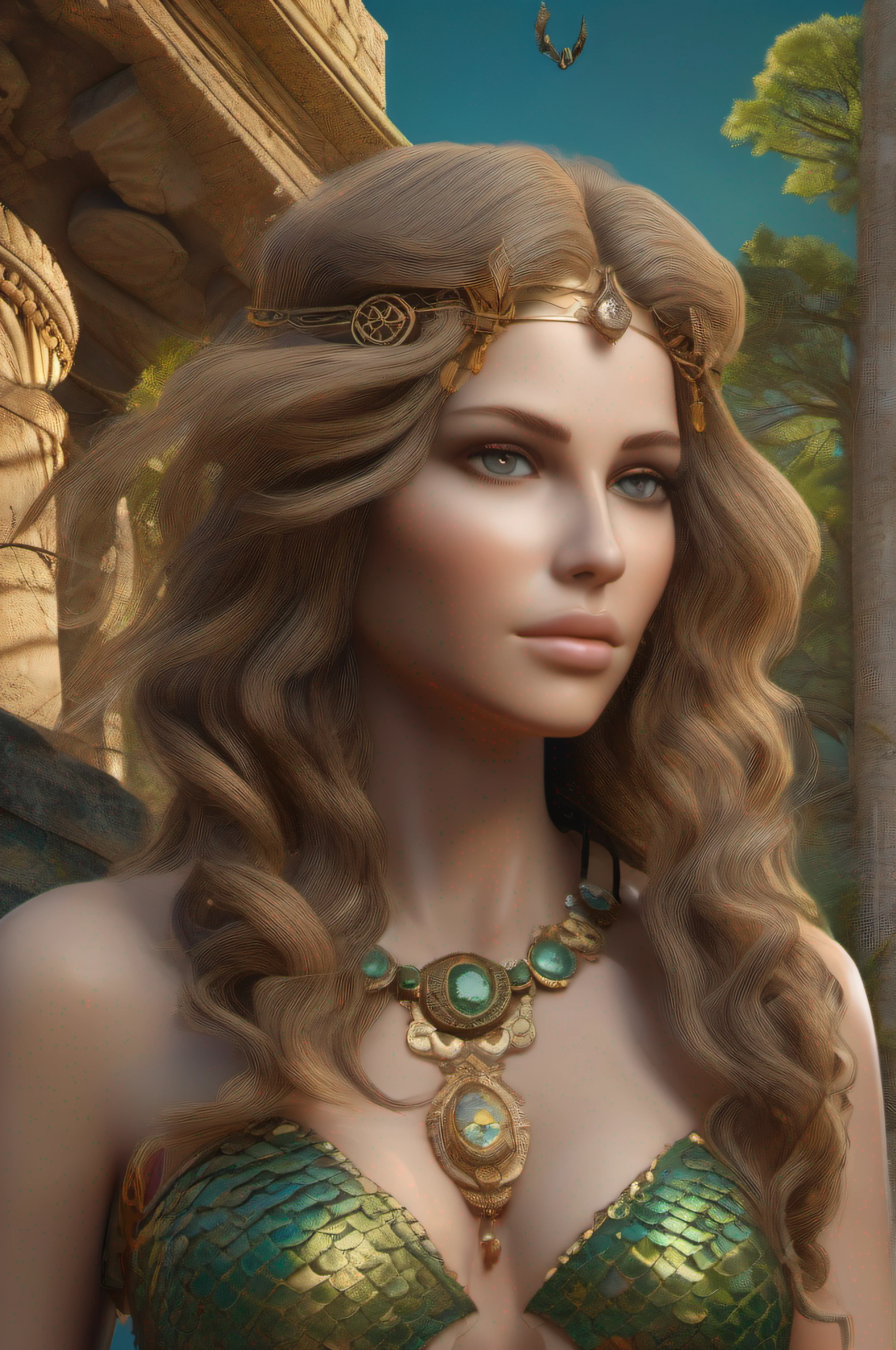a hyper-realistic ultra-detailed full-body portrait of a mermaid with fish tale instead of legs made of green and gold scales, curly brown and blond hair, blue eyes, sitting on a rock and an ancient city background, green and gold scales for the fishtail, detailed symmetric beautiful eyes, detailed gorgeous face, ancient Greece environment, exquisite detail, 30-megapixel, 4k, Canon EOS 5D Mark IV DSLR, 85mm lens, sharp focus, intricately detailed, long exposure time, f/8, ISO 100, shutter speed 1/125, diffuse backlighting, award-winning photograph, facing camera, looking into camera, monovision, perfect contrast, High sharpness, facial symmetry, depth of field, ultra-detailed photography, raytraced, global illumination, smooth, ultra high definition, 8k, unreal engine 5, ultra sharp focus, award-winning photograph, trending on artstation, inside frame