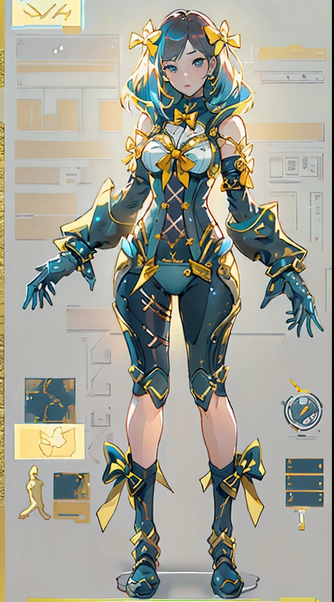 Design a layout showcase Gaming character, (1girl). Golden+Purle clothes, stylish and unique, ((bow:1.4)), (masterpiece:1.2), (best quality), 4k, ultra-detailed, (Step by step design, layout art:1.5), (luminous lighting, atmospheric lighting), Final Fantasy style, magican, ((glove full hands)), fran, viera, (((revealing clothes:1.3))), vambraces, armored legwear, (((full_body_shot:1.4))), Niji