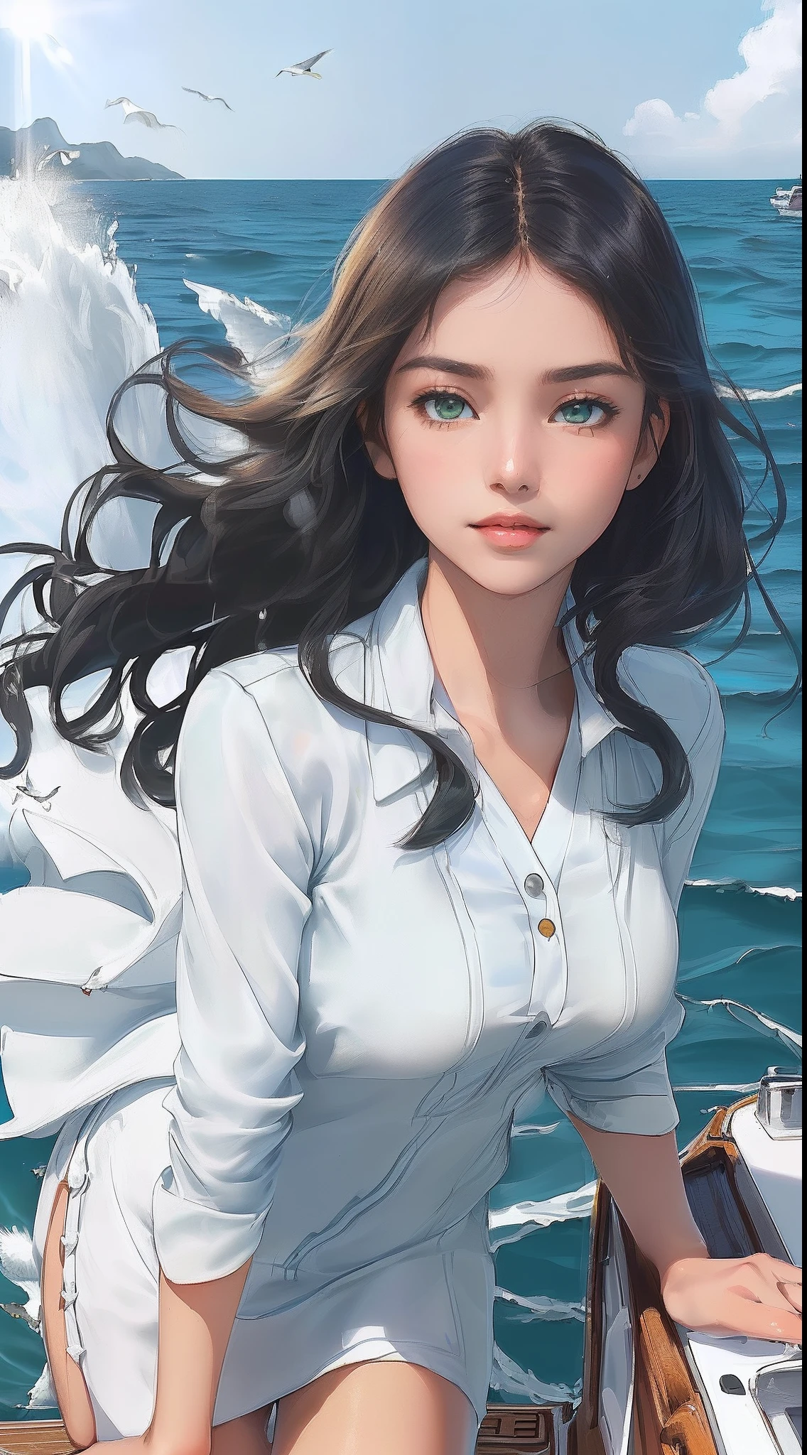 ((((((A young woman))), the anime, ( Green eyes), (black hair), Nice face, ssmile, sports body, hairlong, Wavy Hair , (((morena))), ((tmasterpiece, beste-Qualit)), illustartion, Ультра деталпазированная 8k, Photorealistic, sharp-focus, higly detailed, Professional lighting, Cutter, deck, Relax on a speedboat, Boat at sea, Waves overboard, Seagulls in the sky, blue skies, Sun, letho, Being behind the wheel of a boat, Take control of the boat