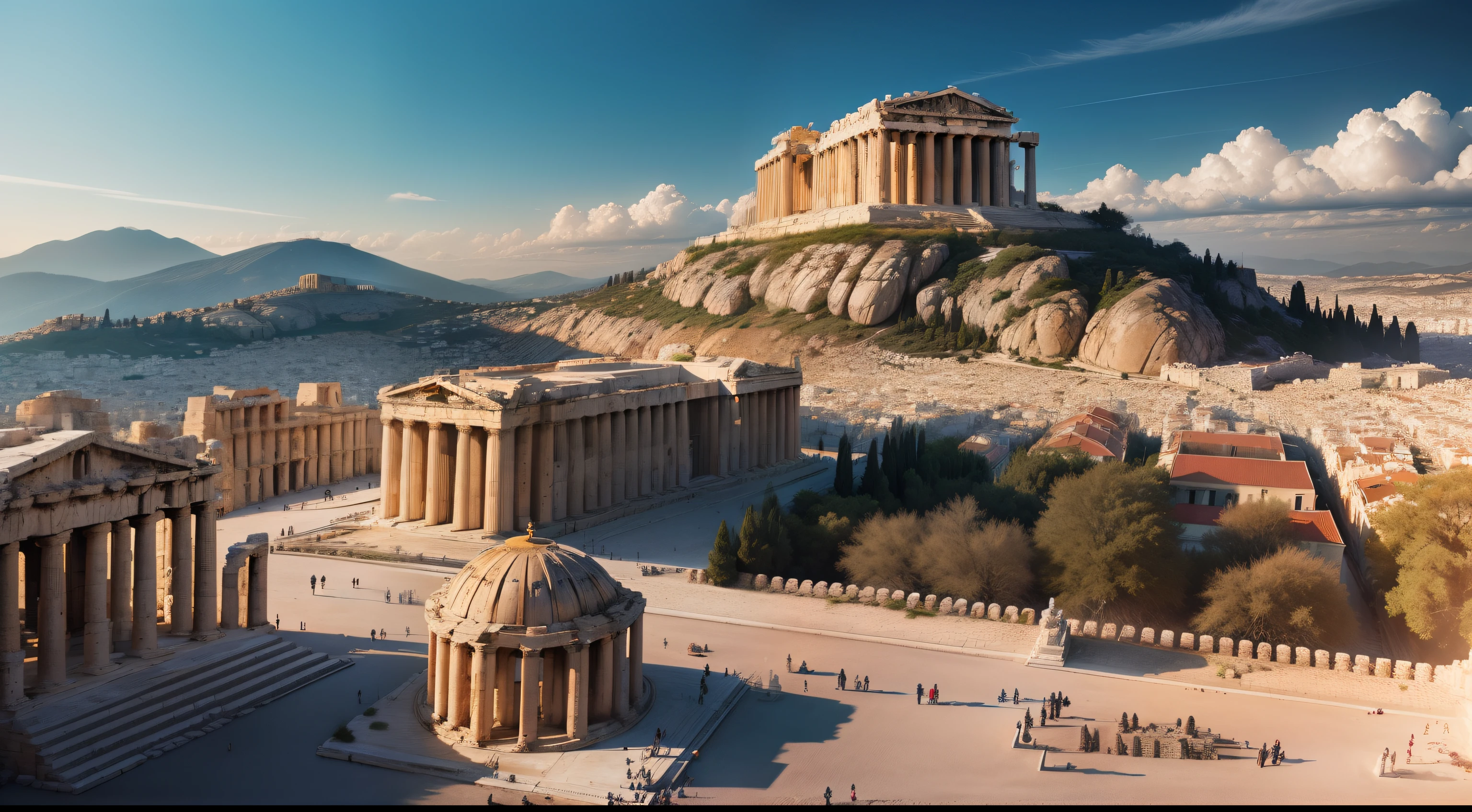 Create cinematic quality images of Athens temples, e algumas pessoas dento do templo como se fosse no passado, high-realistic panoramic image.