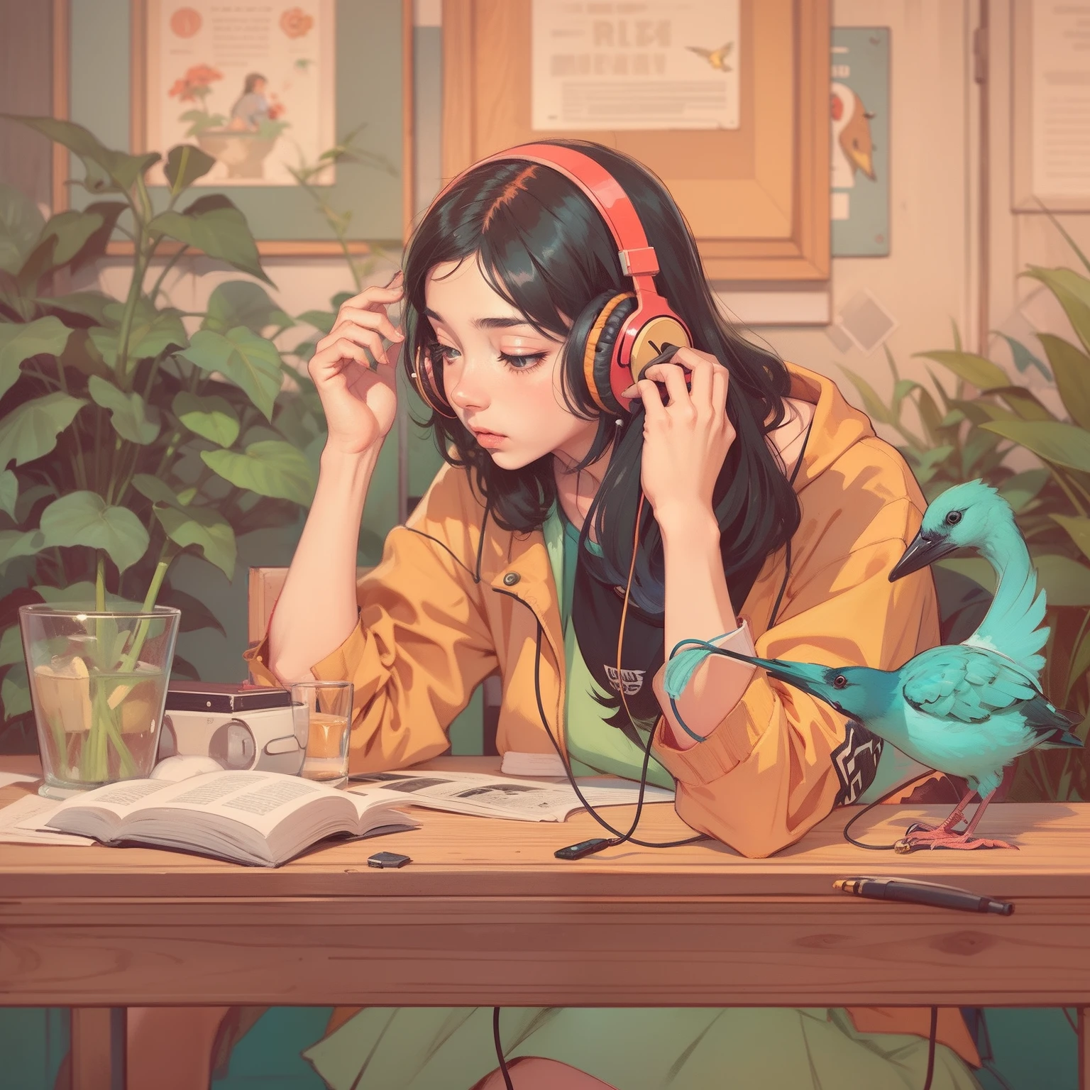 1woman, solo, sitting at a table with headphones, a book and a bird, lofi girl, lofi art, lofi art style, lofi feel, lofi portrait, lofi colors, lofi, lo-fi art, lofi vibes, lofi vibe, lofi hip hop, satoshi kon artstyle, lofi girl aesthetic