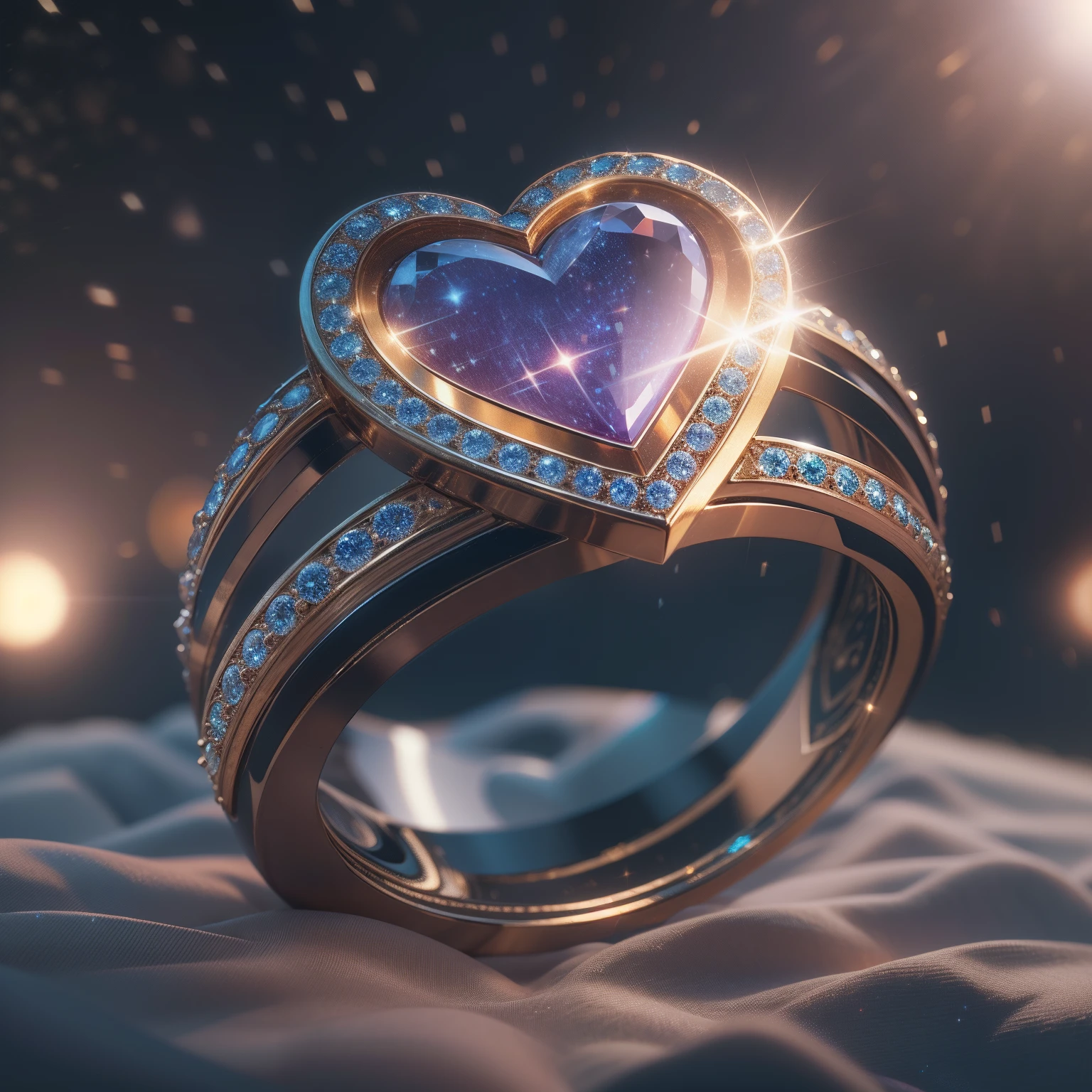 masterpiece,best quality,ultra high res, 8k uhd, dslr, high quality,(photorealistic:1.4), cinematic lighting, HDR,a beautiful ring with heart shaped jewel diamond, shining with sparkle and glitter, ,motion design,C4D,rendering,light and shadow, starrysky，Starry sky in the ring,