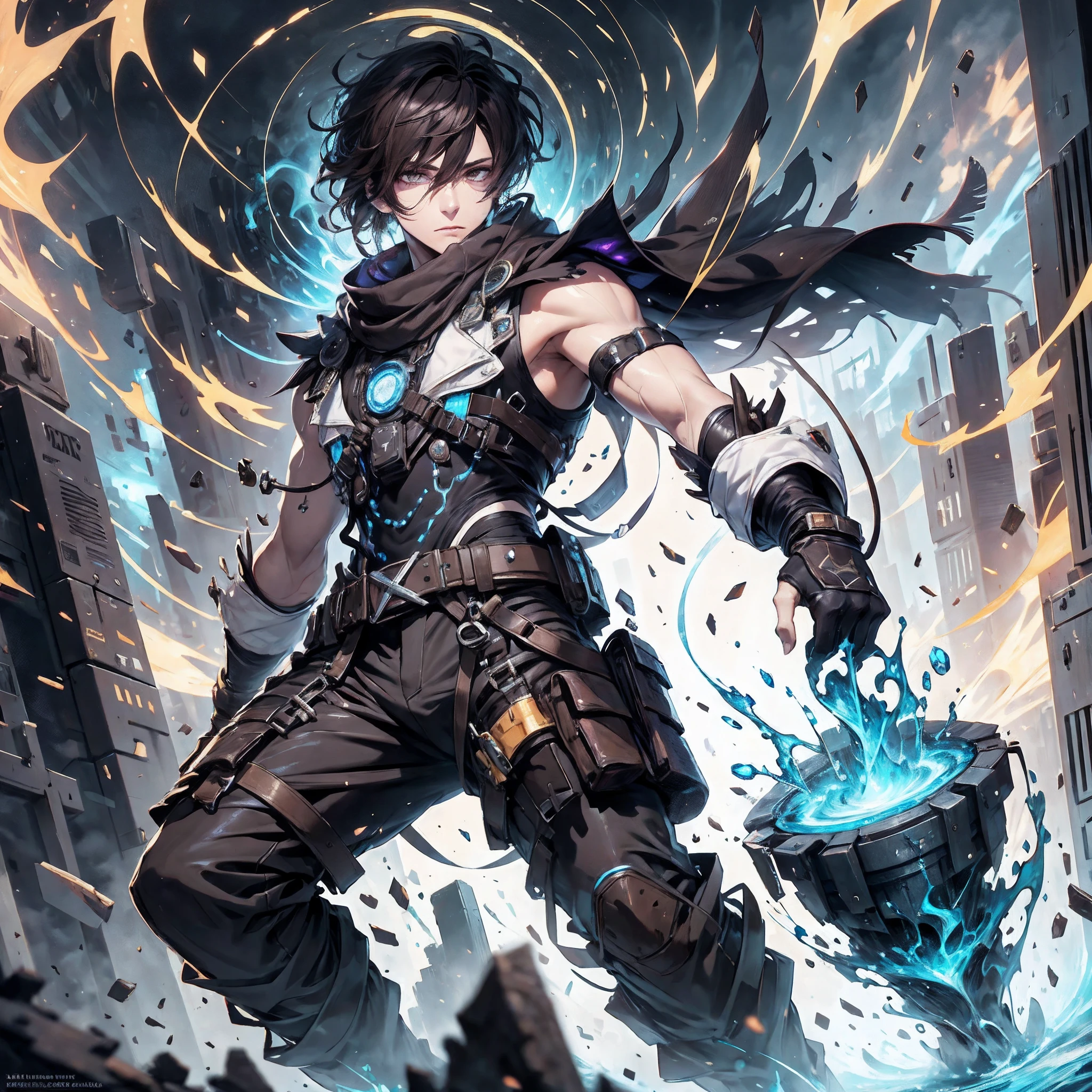 (absurdres, highres, ultra detailed), masterpiece, best quality, real light and shadow, solo, full body,a boy with dark brown hair, sleeveless outfits, handsome, bipedal, full pants, water, water power, ice, ice hands ,white clothes, buff, finely eye, detailed face, detailed eye, scarf, white coat, white clothes, arm braces, futuristic technology, from below, look down, futuristic earpiece,futuristic city, fire background, swirl, spark, superhero landing shot, BREAK, dark brown eyes