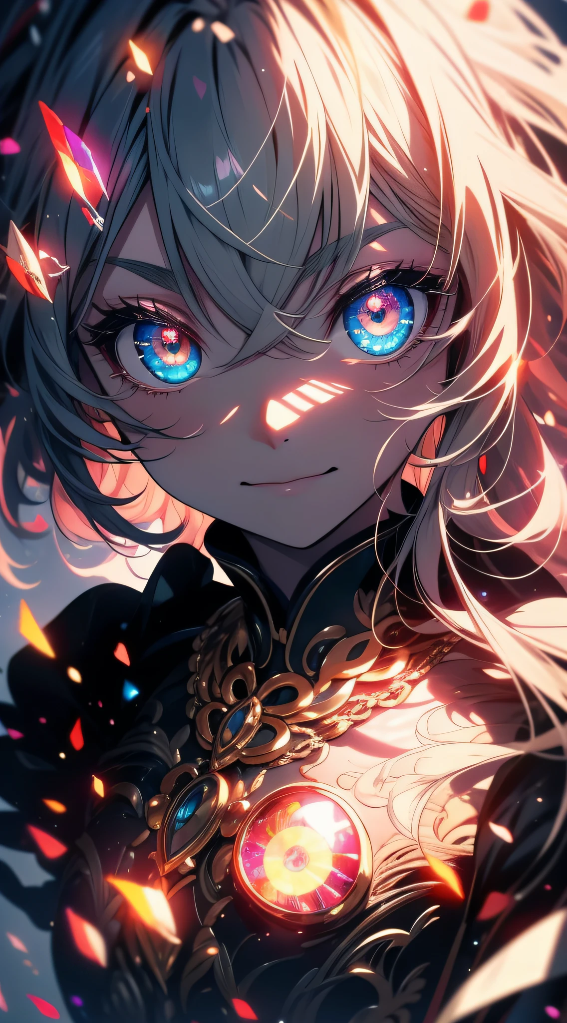eyes, (((eyes close up))), intricate, masterpice, best quality, colorful, expressive eyes, gorgeous, vivid, perfect face, smile, happyness, red eyes, 2eyes, emotion, detailed pupils, vivid pupils,stunning, life, relfection, peace, warm, compsition, artistic, 4k, wallpaper, cap, wind, ((night)), traced lights, glow, glowing eyes, alone, solo, neck chain,