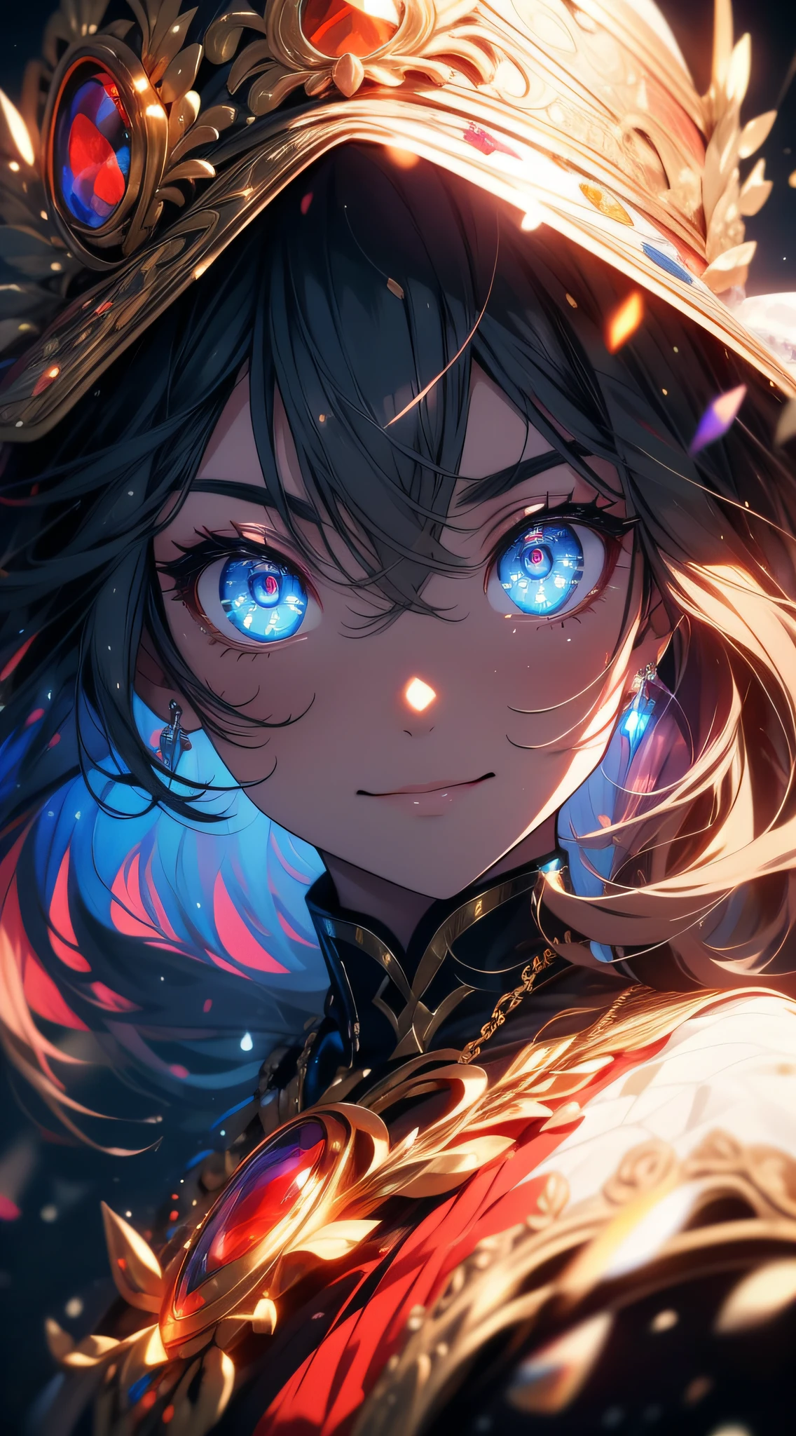 eyes, (((eyes close up))), intricate, masterpice, best quality, colorful, expressive eyes, gorgeous, vivid, perfect face, smile, happyness, red eyes, 2eyes, emotion, detailed pupils, vivid pupils,stunning, life, relfection, peace, warm, compsition, artistic, 4k, wallpaper, cap, wind, ((night)), traced lights, glow, glowing eyes, alone, solo, neck chain,