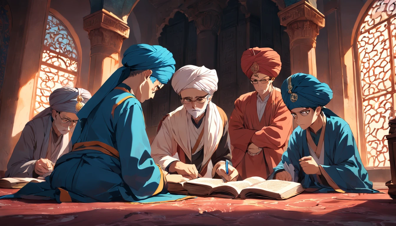 "4Scholars wearing turbans and studying ancient texts."