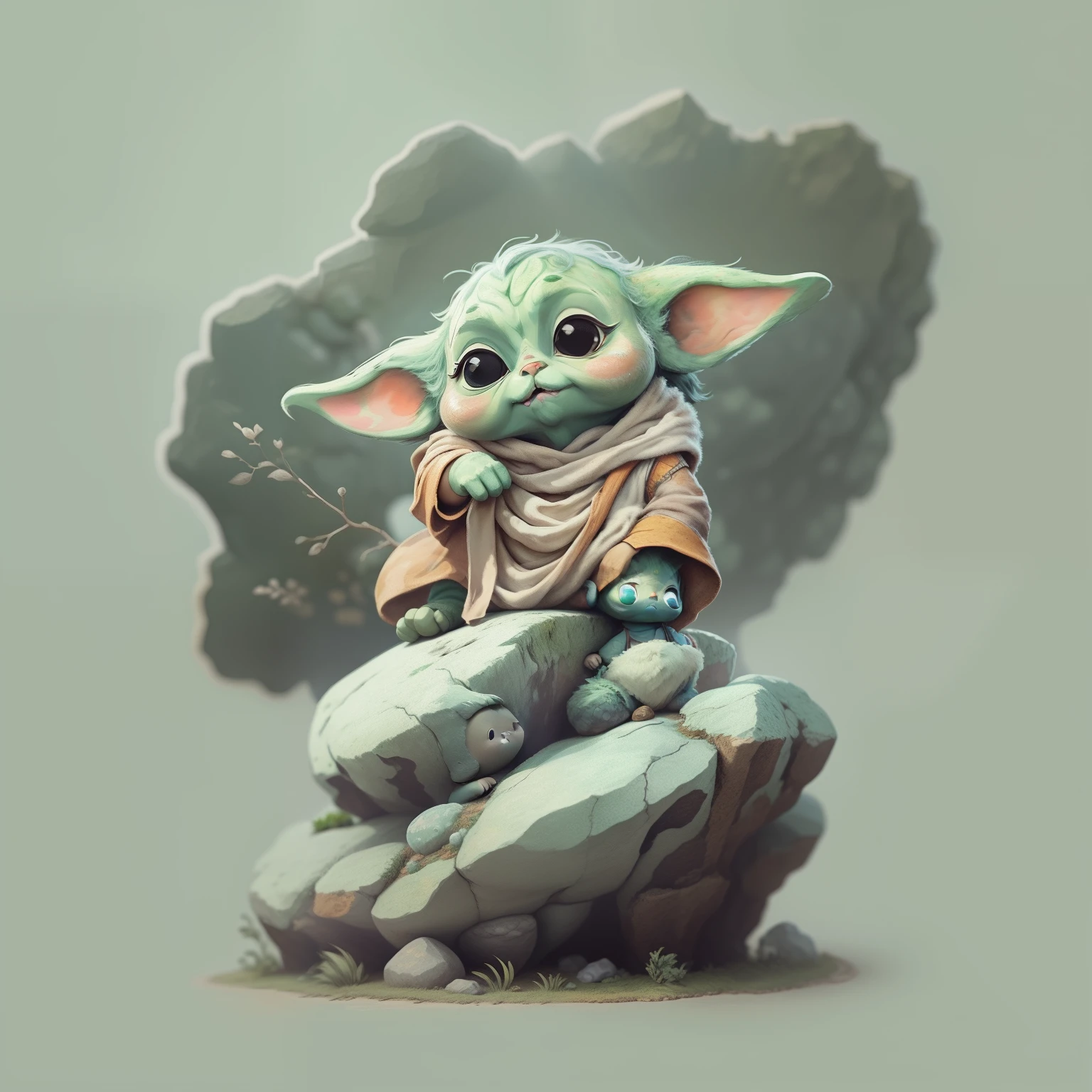 Yoda on top of a rock, Ghibli Style Studio, 2D Design vetor adesivo fundo branco