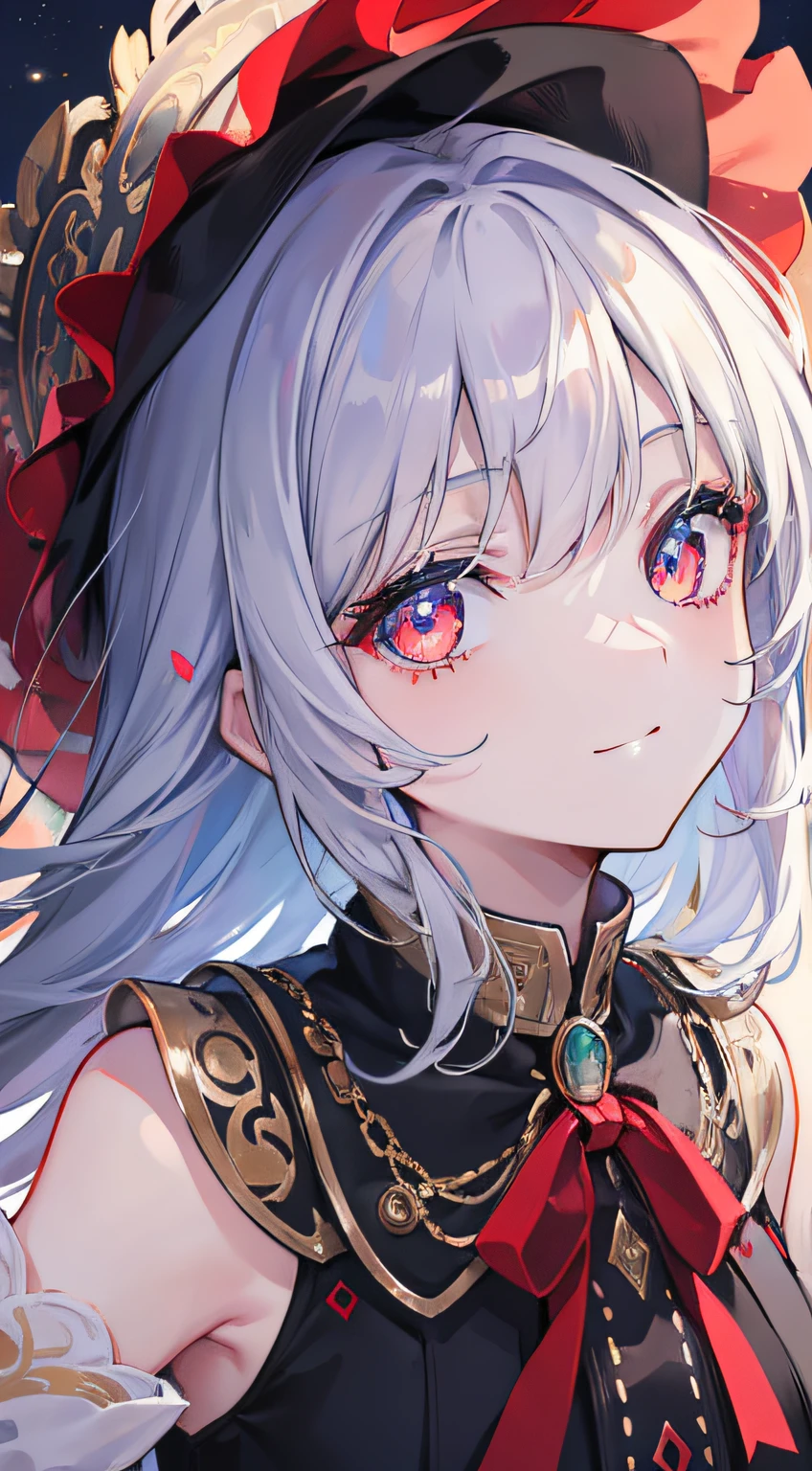 eyes, (((eyes close up))), intricate, masterpice, best quality, colorful, expressive eyes, gorgeous, vivid, perfect face, smile, happyness, red eyes, 2eyes, emotion, detailed pupils, vivid pupils,stunning, life, relfection, peace, warm, compsition, artistic, 4k, wallpaper, bonnet, wind, ((night)), traced lights, glow, glowing eyes, alone, solo, neck chain,