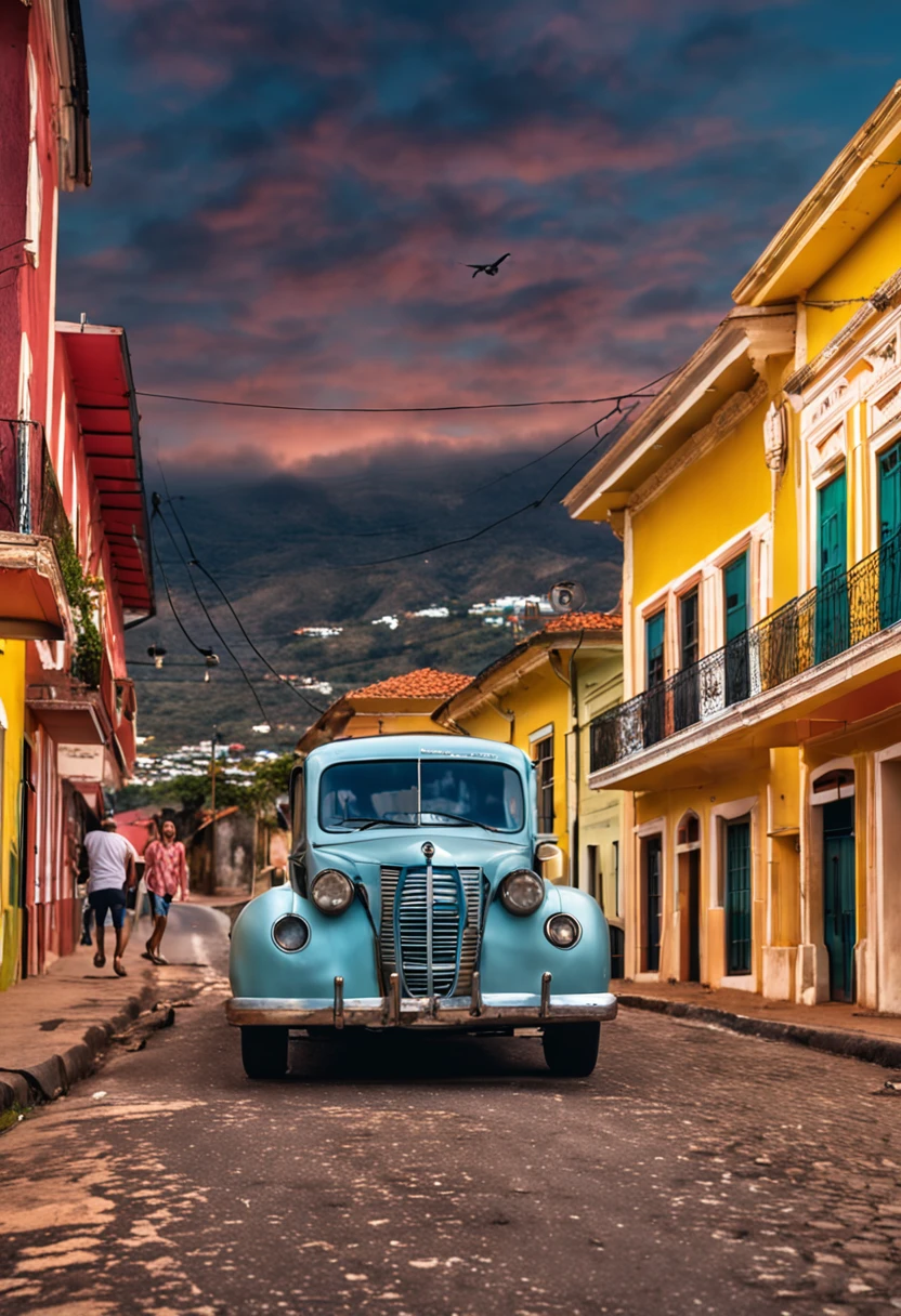 plano de fundo, noite, interior do nordeste de Pernambuco, estrada de terra, Antique bus, homem com sapatos pretos, dress in white pants and suit, and leather hat, and suitcase in hand.