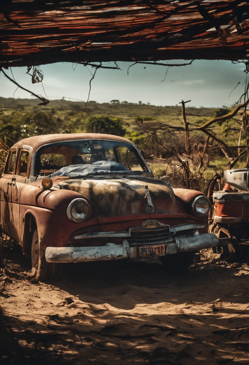 plano de fundo, noite, interior do nordeste de Pernambuco, estrada de terra, Antique bus, homem com sapatos pretos, dress in white pants and suit, and leather hat, and suitcase in hand.