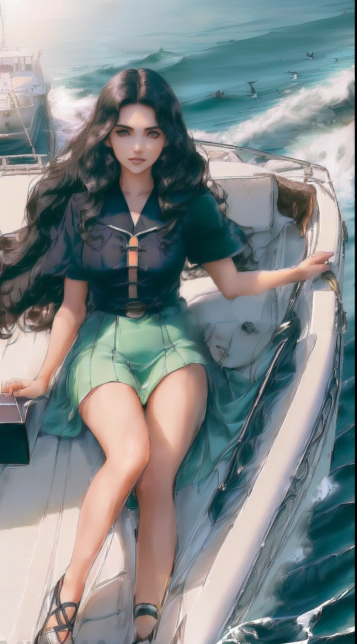 ((((((A young woman))), the anime, ( Green eyes), (black hair), Nice face, ssmile, sports body, hairlong, Wavy Hair , (((morena))), ((tmasterpiece, beste-Qualit)), illustartion, Ультра деталпазированная 8k, Photorealistic, sharp-focus, higly detailed, Professional lighting, Cutter, deck, Relax on a speedboat, Boat at sea, Waves overboard, Seagulls in the sky, blue skies, Sun, letho, Being behind the wheel of a boat, Take control of the boat