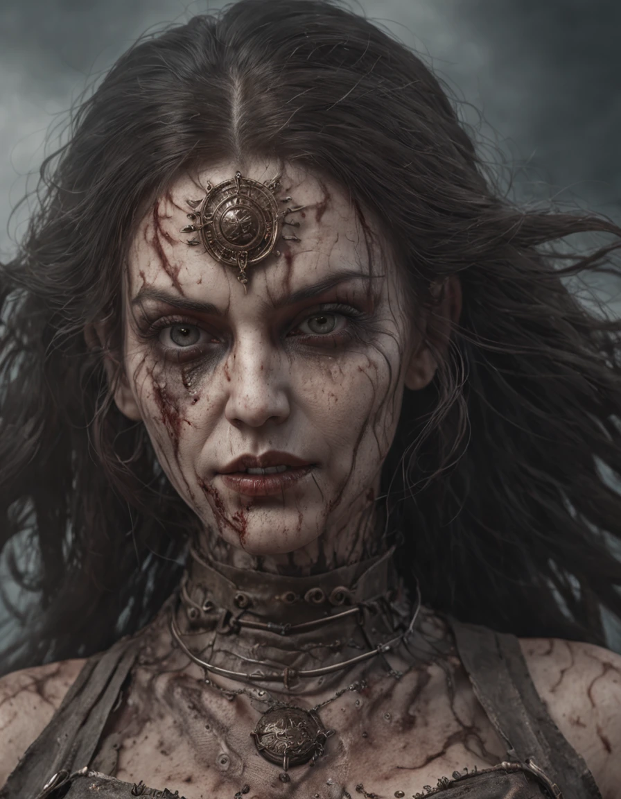 masterpiece, best quality, high quality, extremely detailed CG unit 16k wallpaper, Portrait of a pagan goddess, Antichrist, doomsday, award winning photography, photorealistic, extremely detailed, trending on ArtStation, Trending on CGSeteration, intricate, super high detail, dramatic, Art by Midjourney, blood on face, evil smile, Horror art, dread, full body, dark hair, by Luis Royo and Greg Rutkowiski, 16k, Ultra HD 5.1