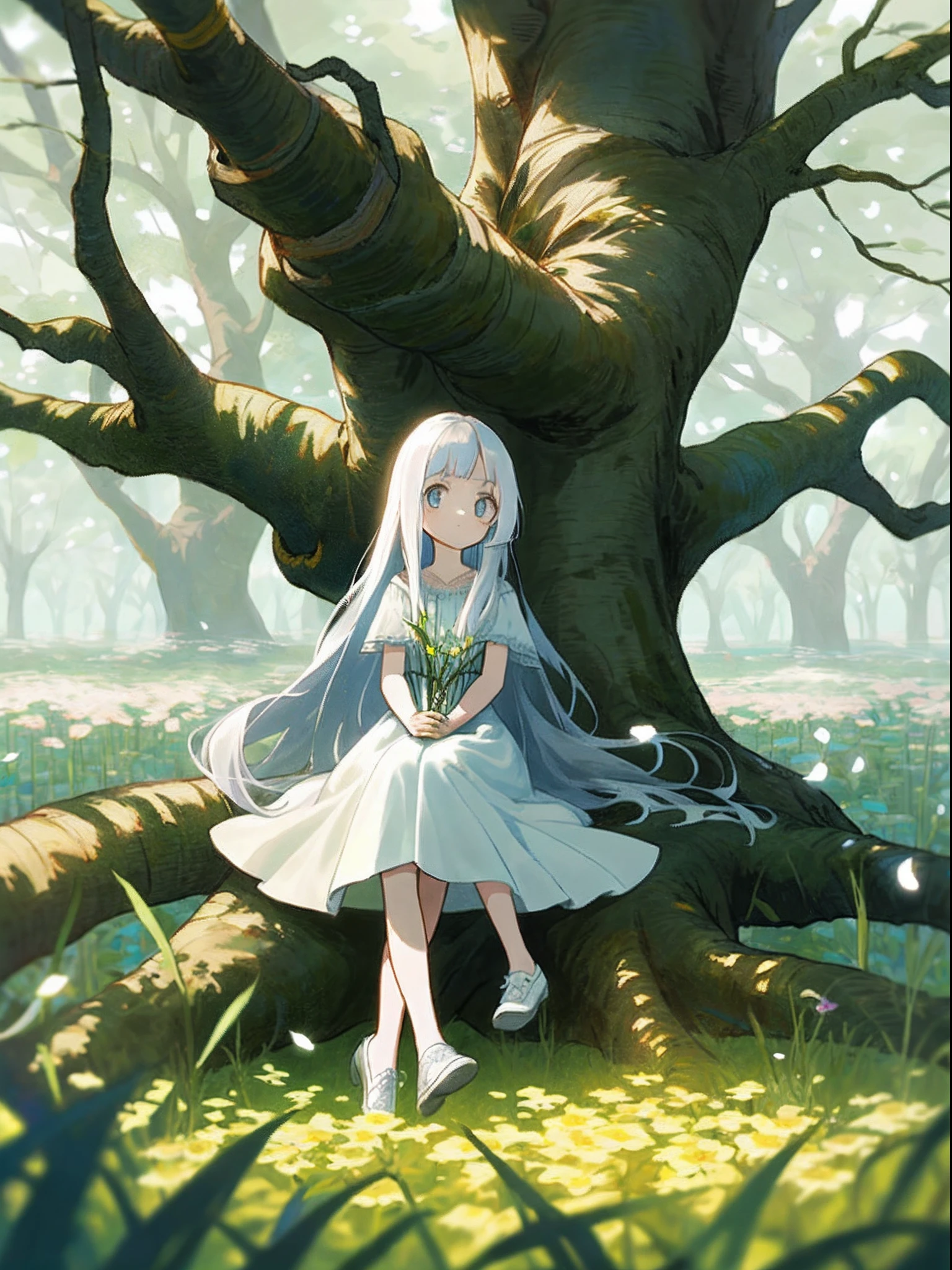 Anime girl sitting under a tree in a forest - SeaArt AI