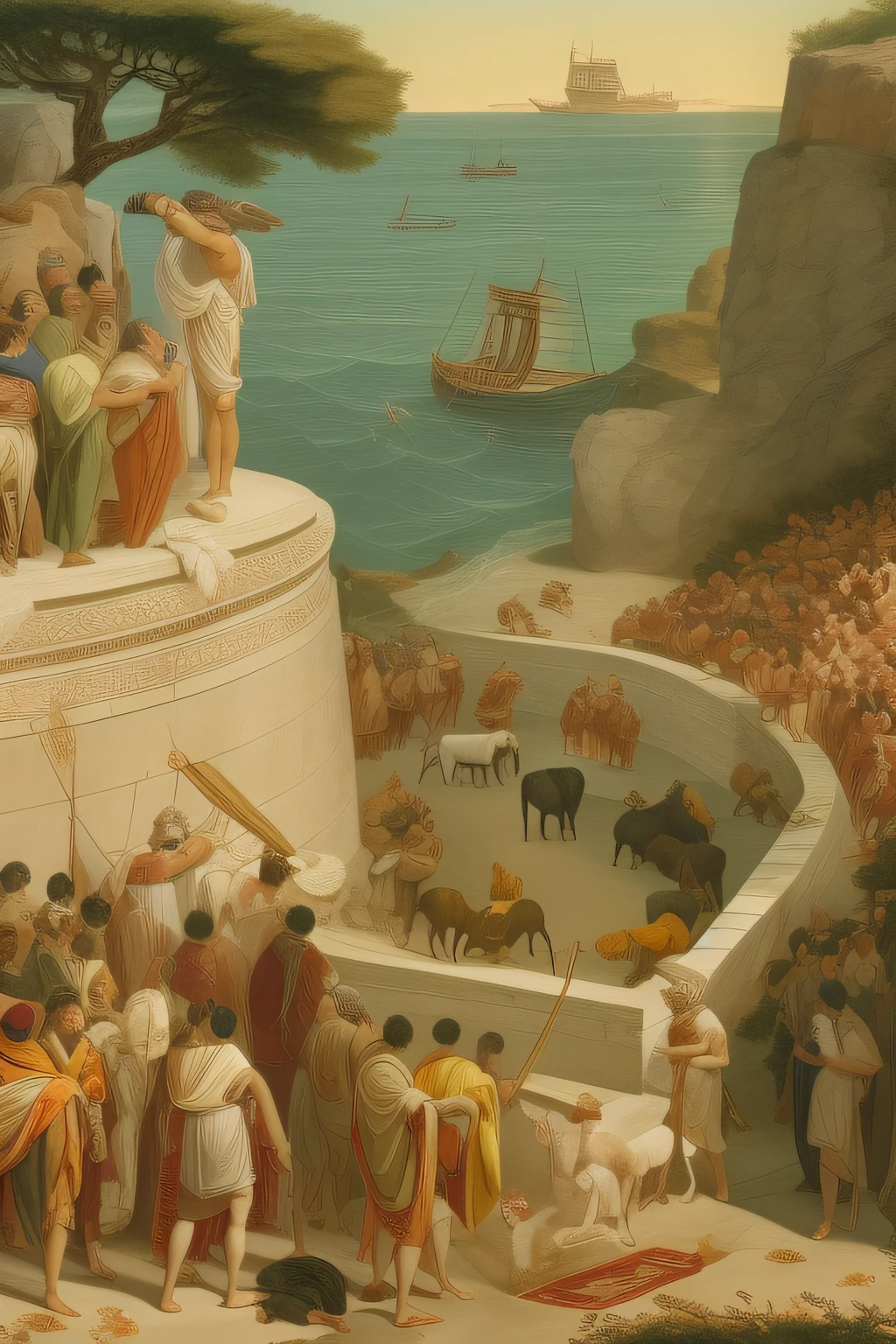 At Pylos, Telemachus and Mentor witness an impressive religious ceremony in which dozens of bulls are sacrificed to Poseidon, the god of the sea.
