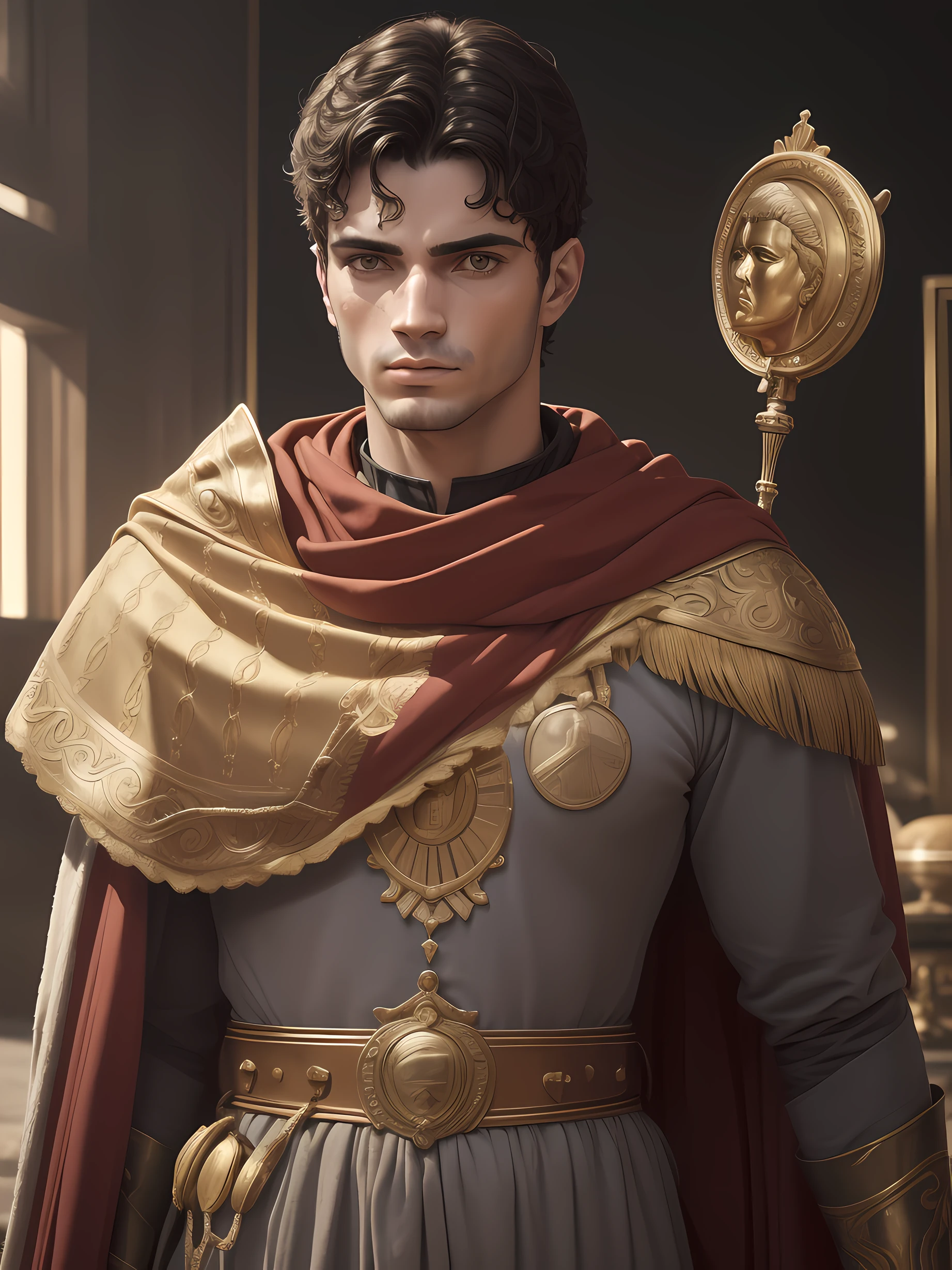 ((1Homem jovem)), com (Costume of the Roman Empire:1.2), ((Autoretrato do rosto:1.2)), rosto realista com detalhas intrincados, com cores vivas, auto contraste, saturarão alta, (fotorrealista:1.5), CGI, UHD, 8K UHD.