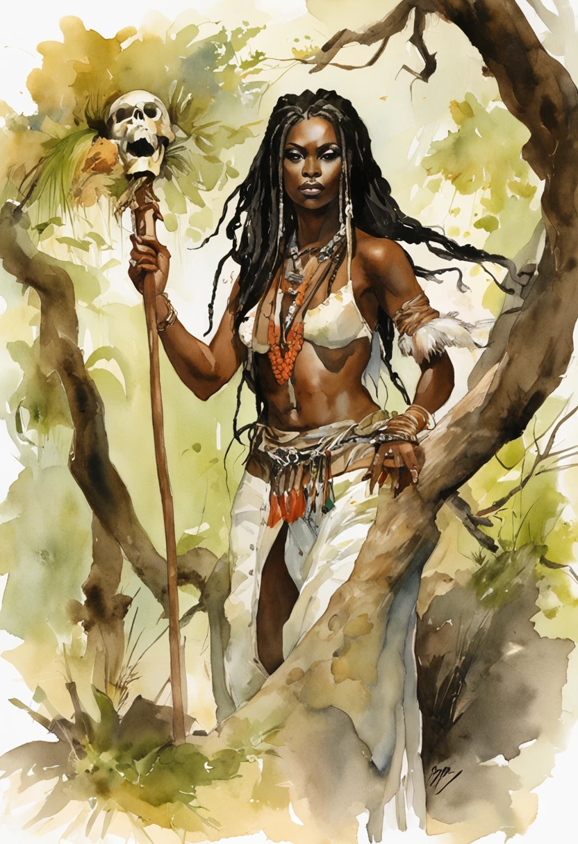 ((masterpiece:1.4, best quality:1.2)), a voodoo priestess, swamp, dreadlocks, skulls, artwork portrait, adam hughes, sexy, erotic.