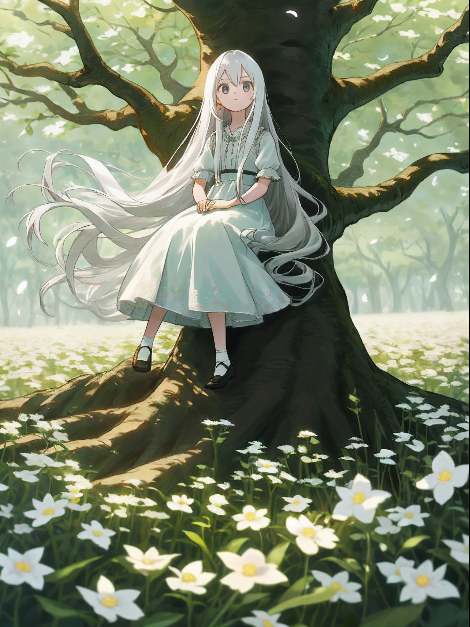 （tmasterpiece，best qualtiy），A  girl with long white hair sits in a tree-lined flower field，warmly lit，white dresses