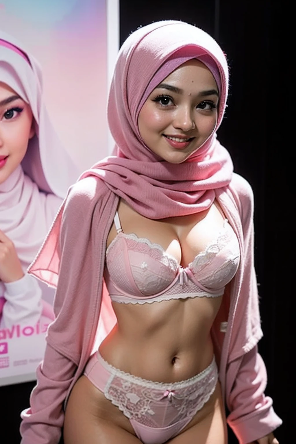 1 malay girl , (neelofa:1.0), plain cotton hijab, happy, big smile, medium portrait shot , glances eyes , pink glowing particles, wear pastel pink cotton bra and panties, pink light bokeh background, proportional body,