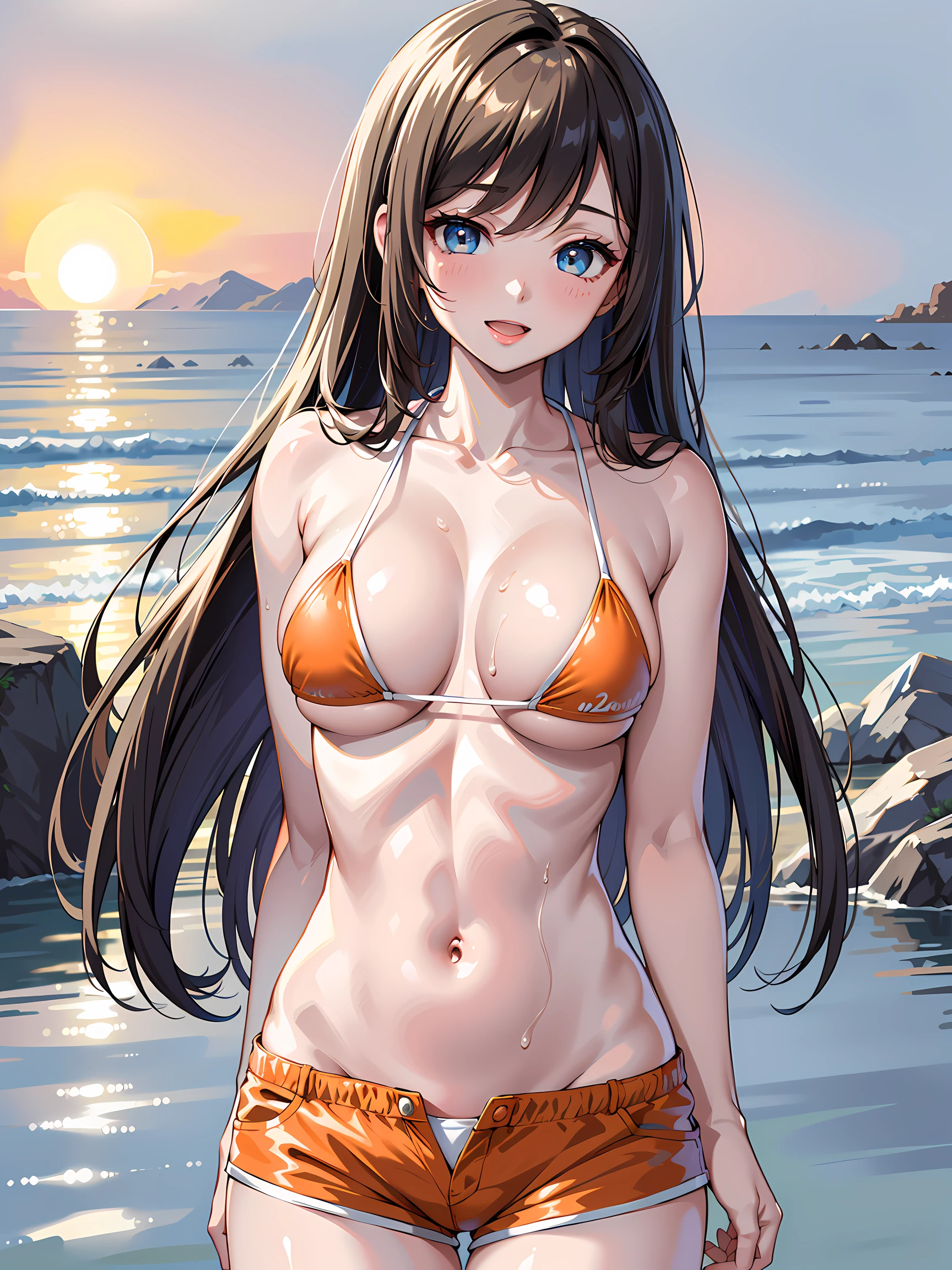 (1girl:1.3, solo), (Masterpiece, best quality, photorealistic, highres, photography, :1.3), ultra-detailed, sharp focus, professional photo, commercial photo, (upper body:1.3), (standing at blue ocean:1.3, in water), (((starring at the viewer:1.5))), arms behind back, BREAK, 1girl, solo, milf, European girl, hot model, (attractive model:1.37), (promotional model:1.2), highly detailed eyes and pupils, realistic skin, (attractive body, large breast:1.25, thin waist:1.15), thin hair, single braid hair, mahogany hair, extremely detailed hair, delicate sexy face, sensual gaze, shiny lips, BREAK, (orange bikini:1.3), (shorts:1.3), detailed clothes, BREAK, (outdoor, South California beach background, blurry background:1.25, simple background, no-human background, detailed background), (under sunset:1.37), BREAK, (attractive posing), ((realistic, super realistic, realism, realistic detail)), perfect anatomy, perfect proportion, bokeh, depth of field, hyper sharp image, (attractive emotion, seductive smile:1.2, happy:1.2, blush:1.2, :d:1.2, :p:1.2), 4fingers and thumb, perfect human hands, wind,