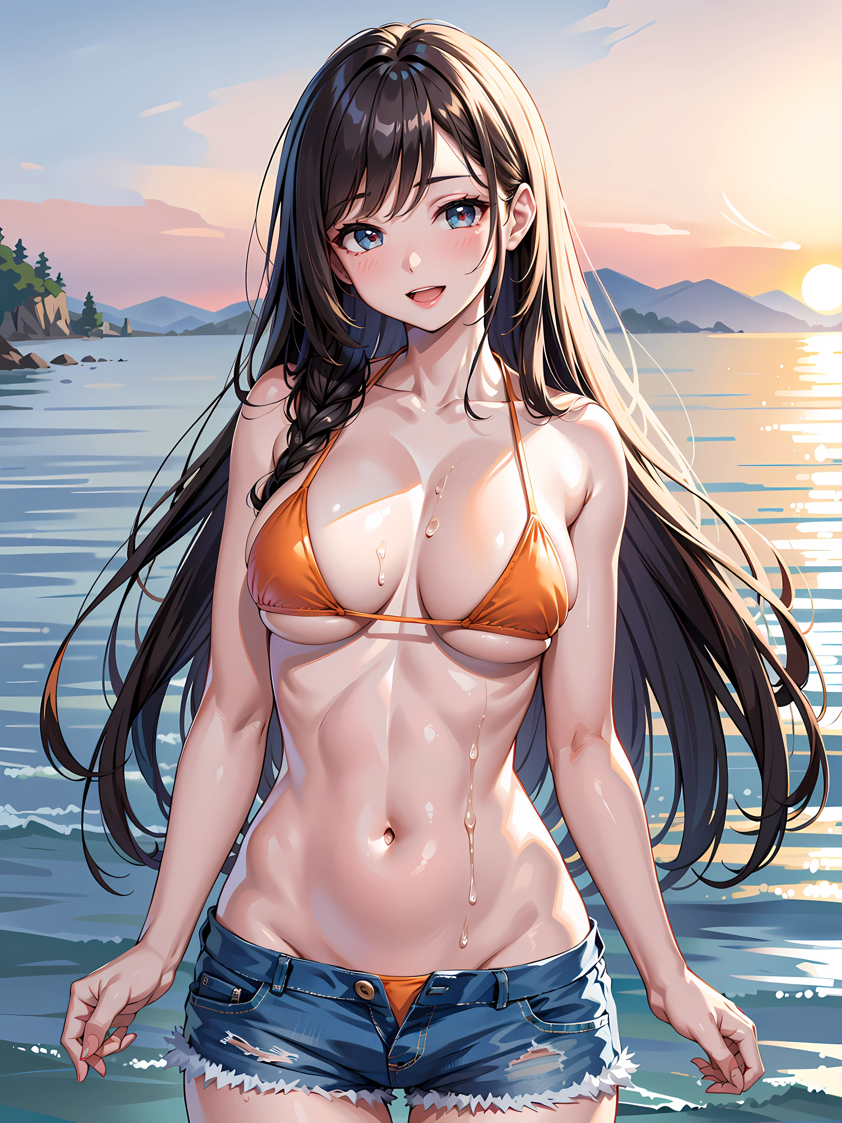 (1girl:1.3, solo), (Masterpiece, best quality, photorealistic, highres, photography, :1.3), ultra-detailed, sharp focus, professional photo, commercial photo, (upper body:1.3), (standing at blue ocean:1.3, in water), (((starring at the viewer:1.5))), arms behind back, BREAK, 1girl, solo, milf, European girl, hot model, (attractive model:1.37), (promotional model:1.2), highly detailed eyes and pupils, realistic skin, (attractive body, large breast:1.25, thin waist:1.15), thin hair, single braid hair, mahogany hair, extremely detailed hair, delicate sexy face, sensual gaze, shiny lips, BREAK, (orange bikini:1.3), (shorts:1.3), detailed clothes, BREAK, (outdoor, South California beach background, blurry background:1.25, simple background, no-human background, detailed background), (under sunset:1.37), BREAK, (attractive posing), ((realistic, super realistic, realism, realistic detail)), perfect anatomy, perfect proportion, bokeh, depth of field, hyper sharp image, (attractive emotion, seductive smile:1.2, happy:1.2, blush:1.2, :d:1.2, :p:1.2), 4fingers and thumb, perfect human hands, wind,