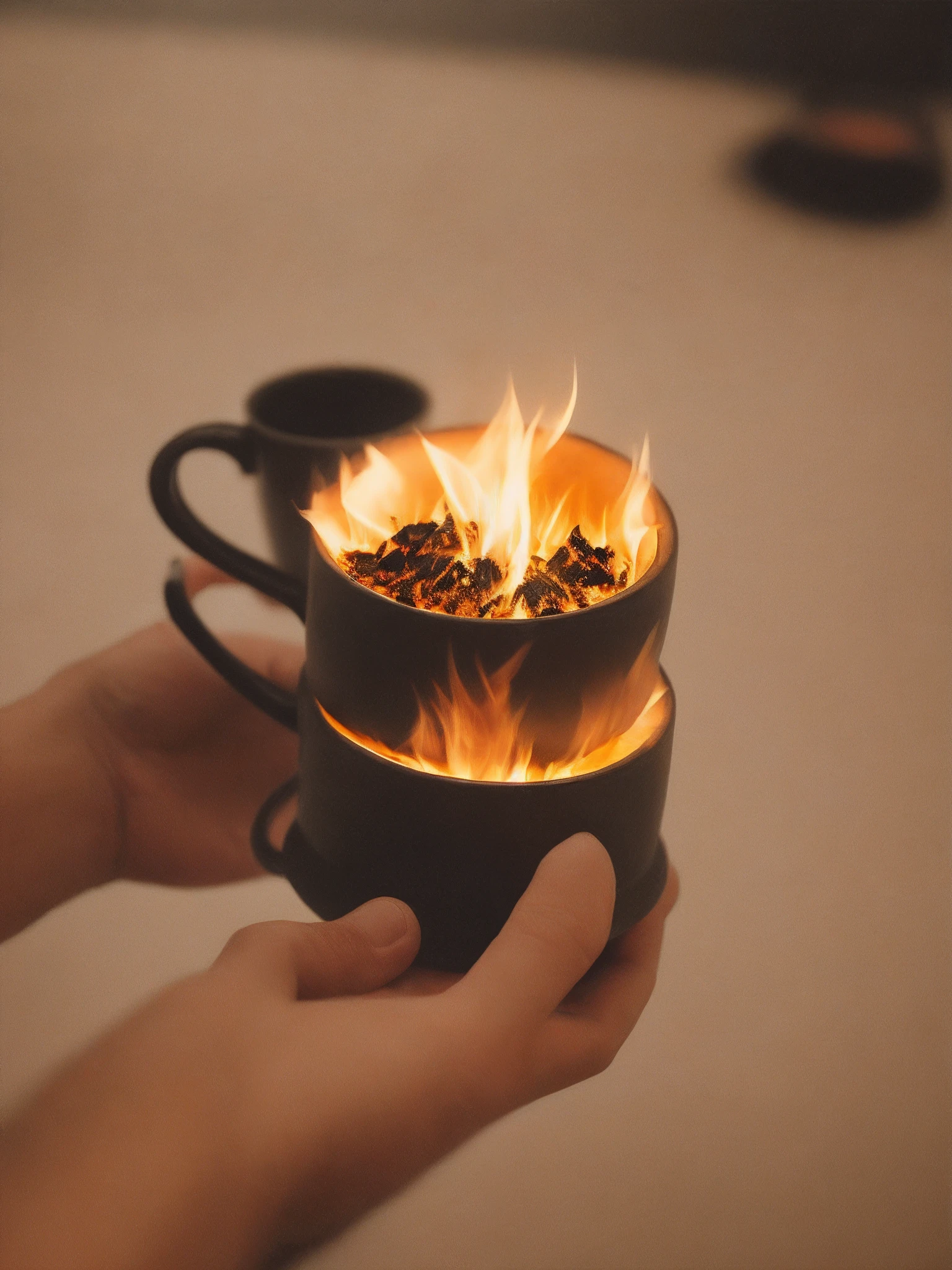 a male hand holding a burning cup