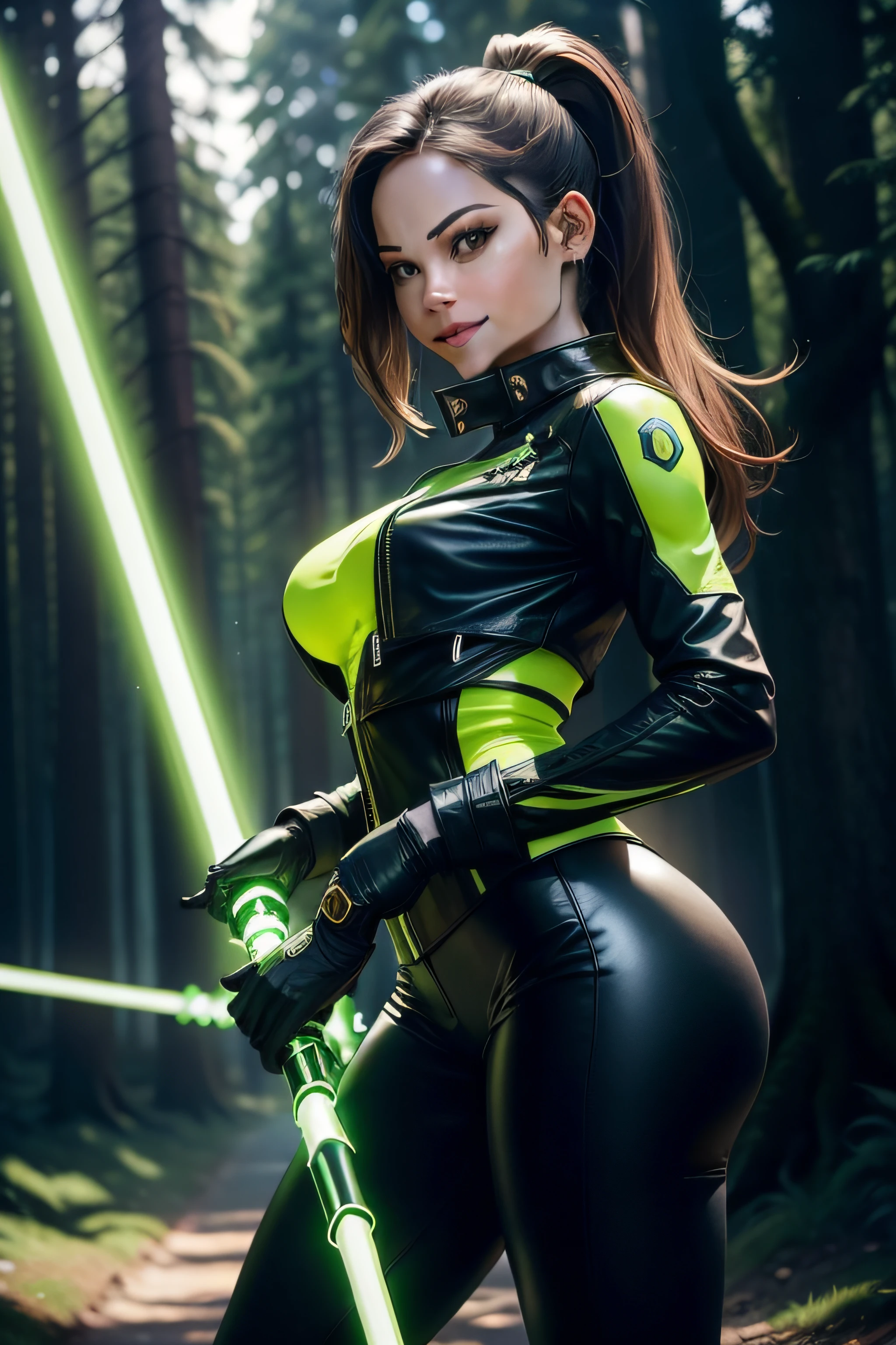 Kristin Kreuk's stands smiling . Towering trees serve as a backdrop. Adorned in form-fitting black leather pants that gracefully trace her contours, Kristin sports a high ponytail, A vivid yellow leather jacket.The polished leather reflects the golden hues of the ambient light. she wields a vibrant green lightsaber, its emerald glow. cinematic lighting. Golden ratio.