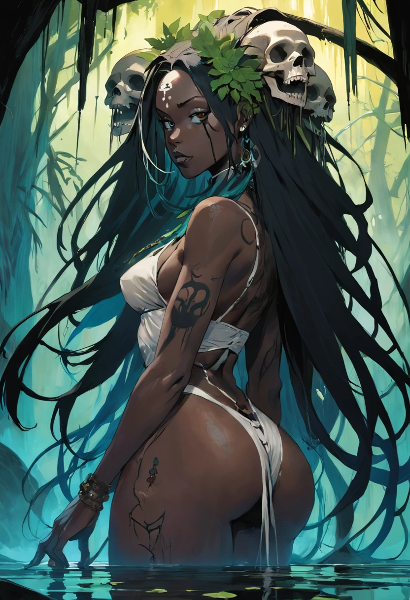 ((masterpiece:1.4, best quality:1.2)), a voodoo priestess, swamp, dreadlocks, skulls, artwork portrait, adam hughes, sexy, erotic.