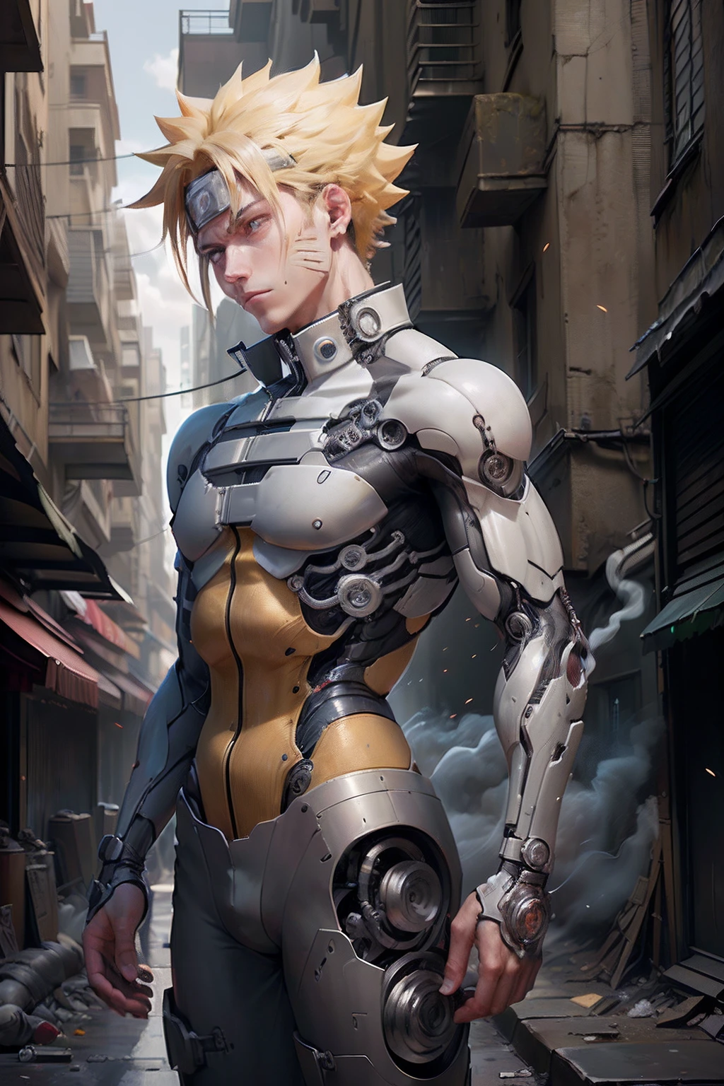 Naruto adulte, (Mechanical parts: 1.5), combat, Tight torn supersuit, In a city broken by the night, smoke and fire, aura d'une puissance brillante, pose dynamique, Vision dynamique