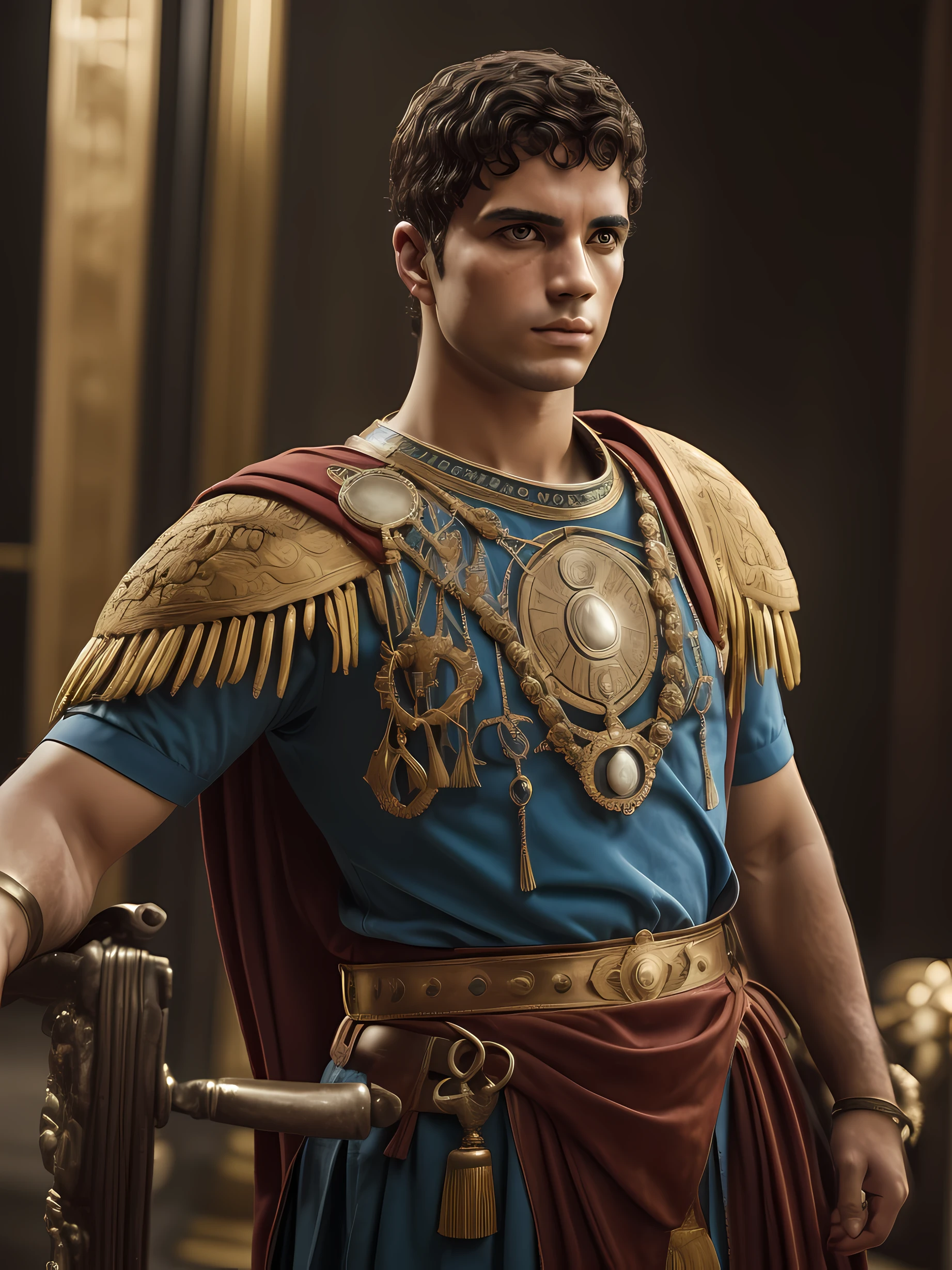 ((1Homem jovem)), com (Costume of the Roman Empire:1.2), ((Autoretrato do rosto:1.2)), rosto realista com detalhas intrincados, com cores vivas, auto contraste, saturarão alta, (fotorrealista:1.5), CGI, UHD, 8K UHD.