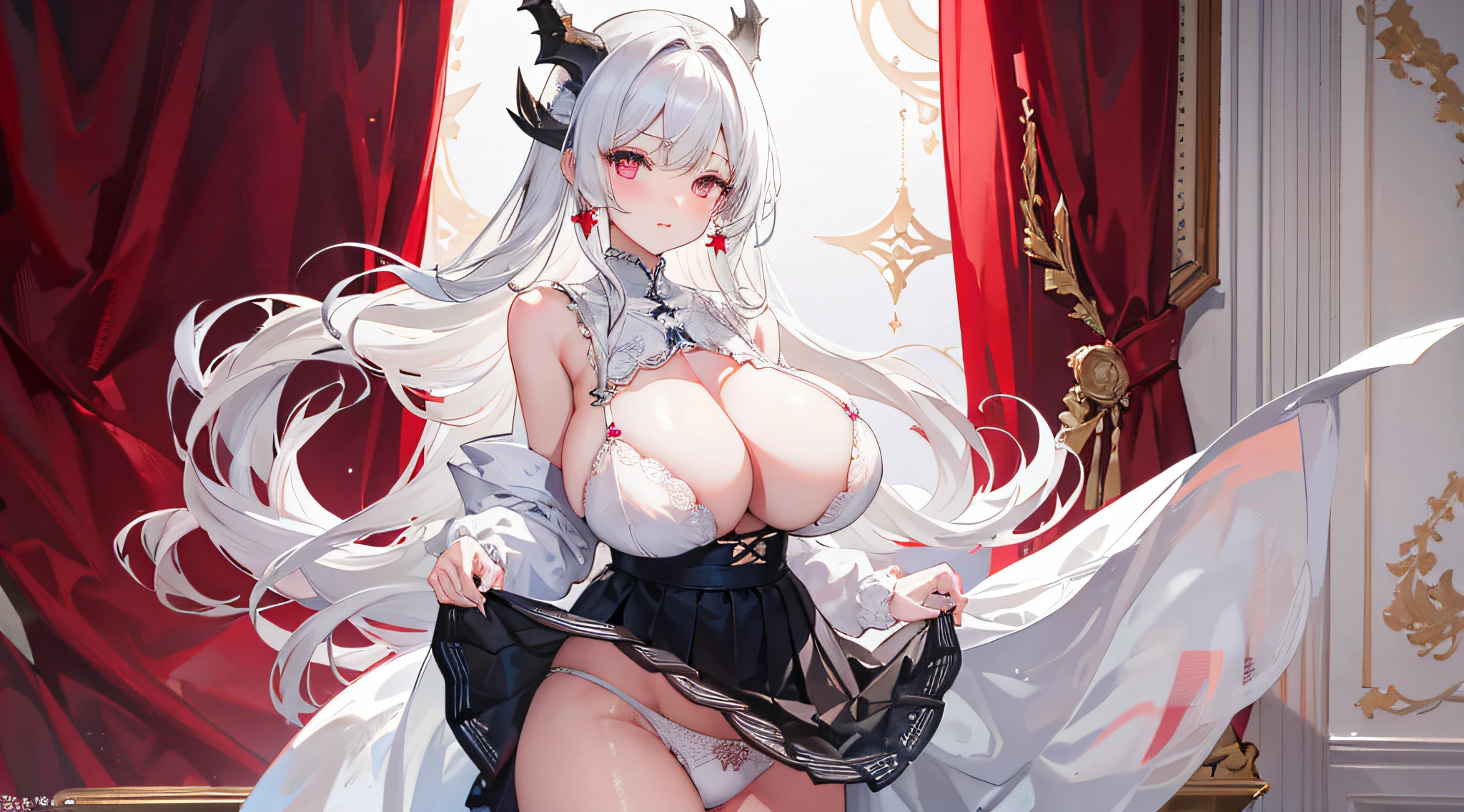 1girll,In the daytime,White dragon horn,Light,divino,Gorgeous white lace lingerie,huge tit,blacksilk,Reveals lace panties,Lift the skirt,Fine details,Color gas,Big background,Long white hair,red color eyes,Chest exposed,Gorgeous white palace castle interior background