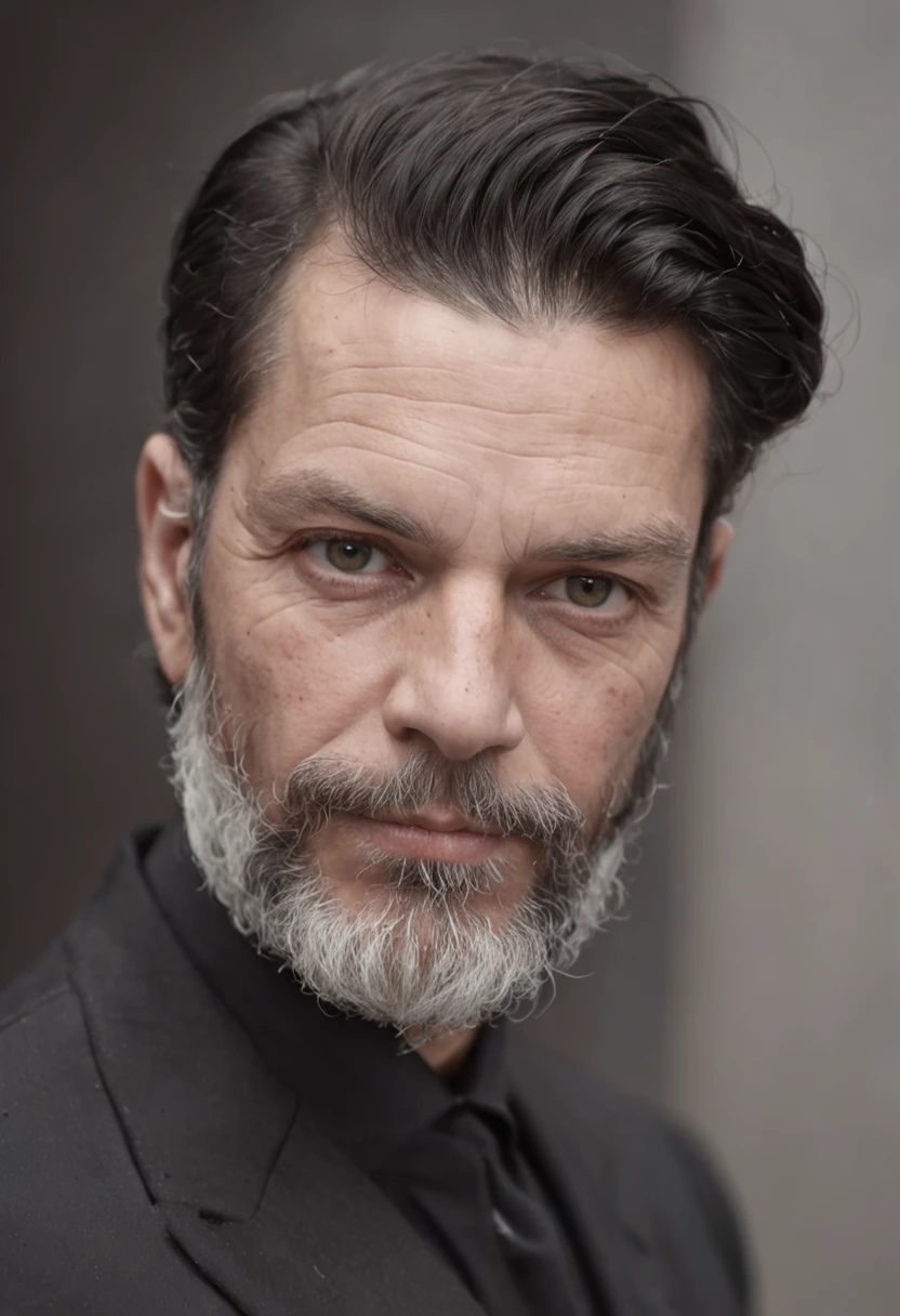 um velho com corpo musculoso de terno preto cabelo e barba branca dono de cassino