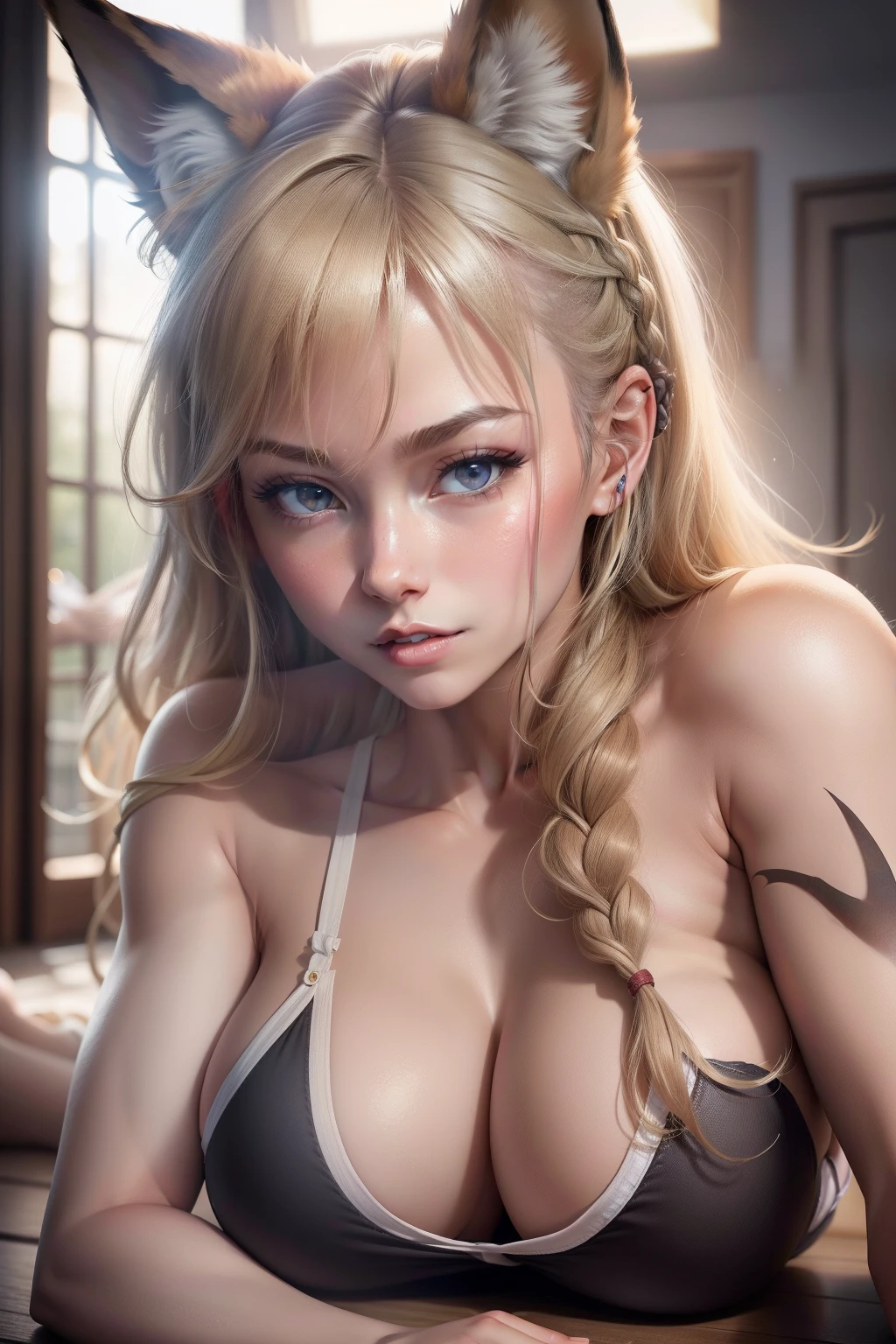 1 girl, 20years old, 独奏, ((adult girl)), (Evil grin:1.0), ((Muscular girl)), (Abs), bellybutton, Long hair, blonde hair, blue eyes, braid, Single long braid, animal ears, ((Fox Girl)), Fox ears, fluff on the ears, tail, Foxtail, wide shoulders, elastic hips, elastic ass, Elastic breasts, Splayed breasts, Nudie, Bare Tits, makeup, eyeshadows, ((large breasts)), ((Slim waist)), covering, (Covering your boobs with your hand:1.2), (covering the crotch with your hand:1.2), on back, lying down, hair ornament, Completely , parted lips, blusher, 鎖骨, braided ponytail, the sweat, cleavage, knee up, ((Large thighs)), wide hips, Simple background, gray background, lying on the floor, (Detailer:1.0), (Realistic:1.0)