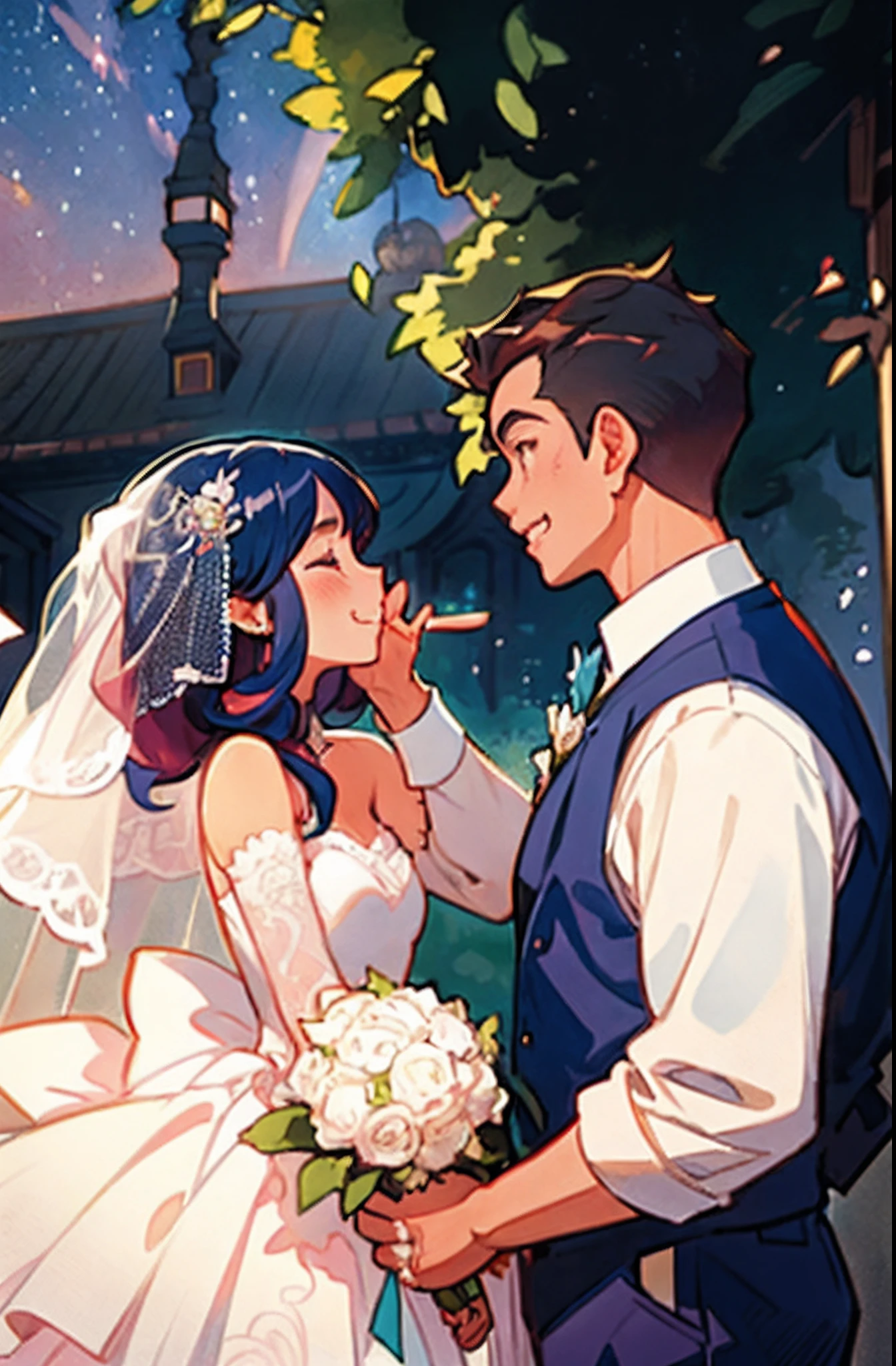 anime - style illustration of a bride and groom kissing in front of a castle, alphonse mucha and rossdraws, rob rey and kentarõ miura style, cute art style, wedding, lois van baarle and rossdraws, anime style illustration, loish and ross tran, korean art nouveau anime, beautiful anime art style, official artwork