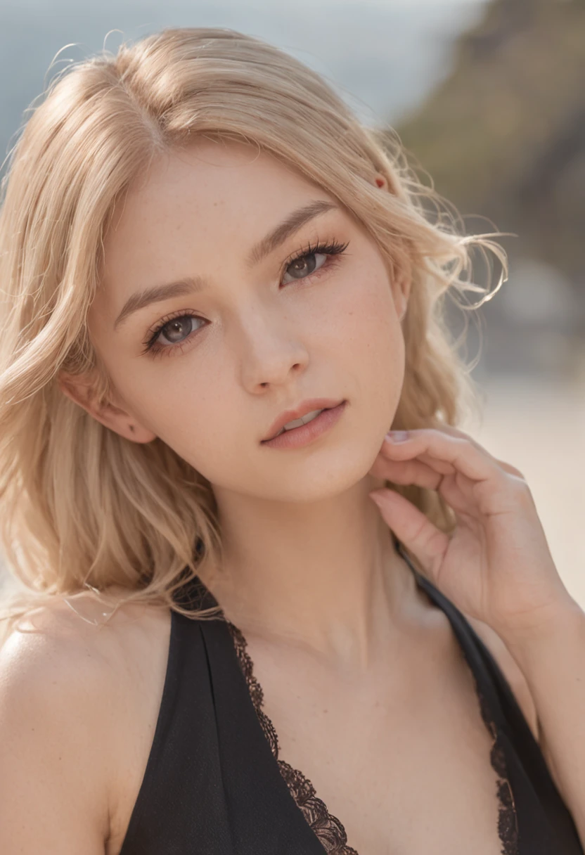 Aesthetic artwork, a woman, blonde hair, black eyes, straight hair, flushed cheeks, full lips, mischievous gaze, light brown skin, short black dress, sexy build, in a beach