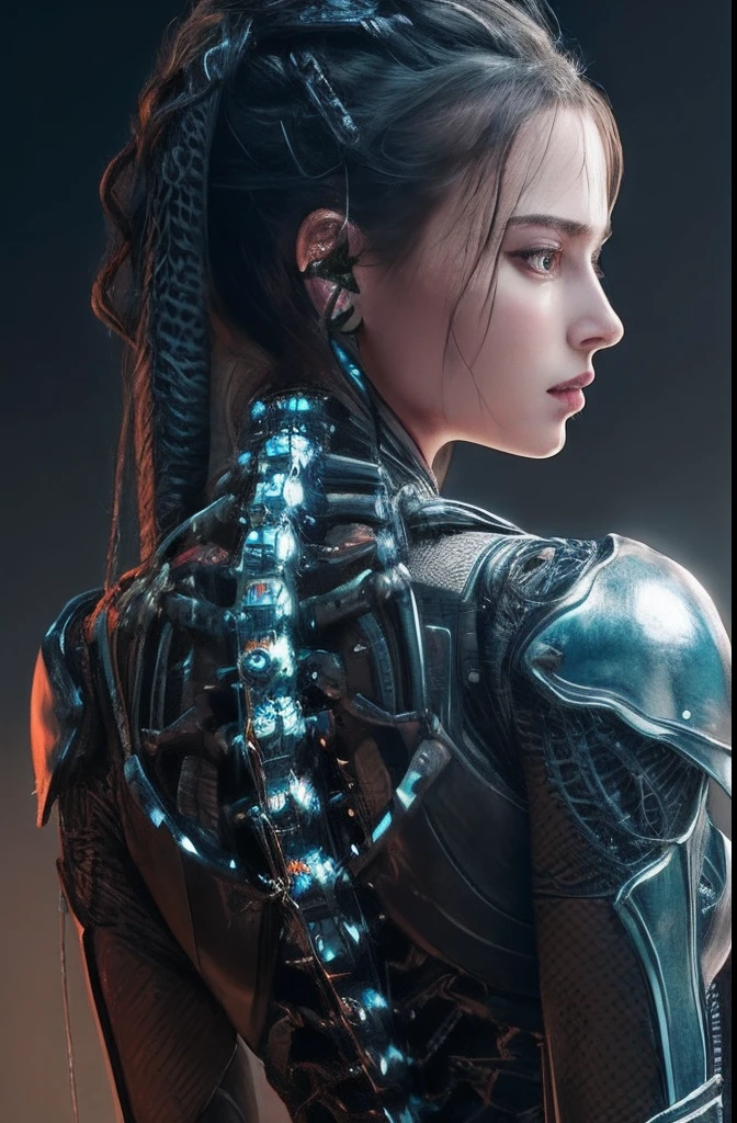 1mechanical girl,((ultra realistic details)), portrait, global illumination, shadows, octane render, 8k, ultra sharp,metal,intricate, ornaments detailed, cold colors, egypician detail, highly intricate details, realistic light, trending on cgsociety, glowing eyes, facing camera, neon details, machanical limbs,blood vessels connected to tubes,mechanical vertebra attaching to back,mechanical cervial attaching to neck,sitting,wires and cables connecting to head