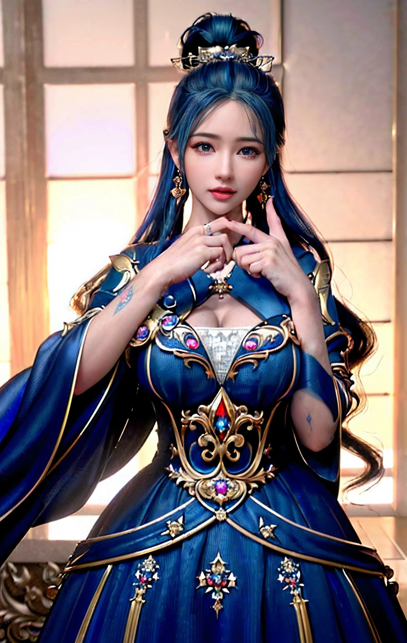 A close up of a woman in a blue dress with a tiable - SeaArt AI