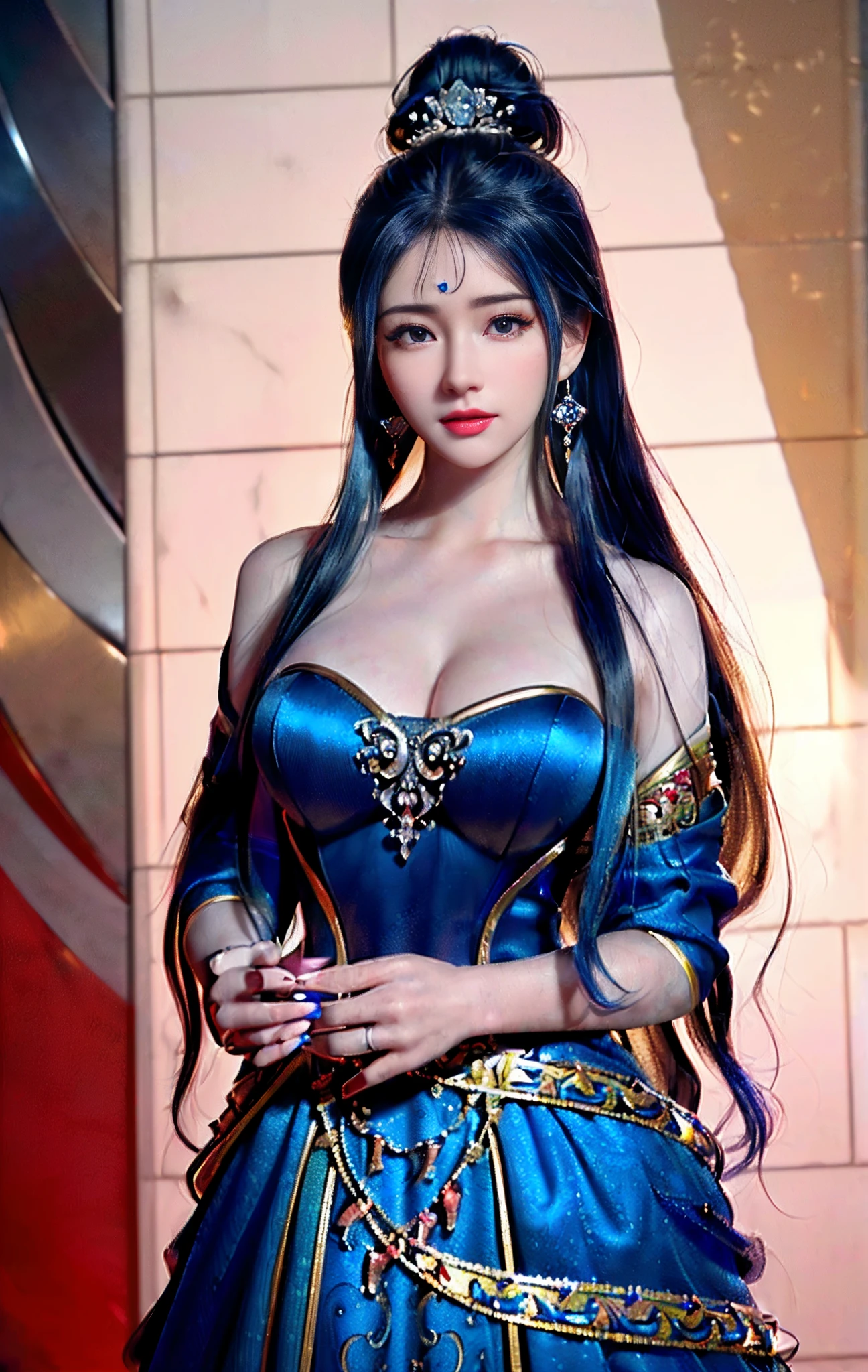 ((realisticity: 1.2)), ((realistic: 8K UHD)), ((best resolution: 8K UHD)), hyper detailed, best quality,masterpiece,highres,cg, ((1 girl hyper detailed and hyper realistic) ) , ((beautiful queen, hyper realistic and hyper detailed)),((white skin, beautiful, smooth, youthful, hyper realistic and hyper detailed )), ((Face hyper beautiful, white, hyper realistic and hyper detailed ) ), long hair, ((hyper realistic and hyper detailed dress)), solo, ((hyper realistic, hyper beautiful, beautiful and hyper detailed jewelry)), ((hyper beautiful deep red and golden yellow dress, hyper realistic and hyper detailed )) , ((Her pretty, hyper realistic, hyper detailed diamond filled earrings)), ((Her gorgeous diamond haircut, hyper realistic and hyper detailed)), ((hyper pretty upper body, hyper beautiful, hyper realistic and hyper detailed) ), ((medium breast: 1.1)), ((hyper realistic, hyper pretty, hyper detailed boobs)), ((the backgroun of the royal palace is hyper majestic, hyper realistic and hyper detailed)),((hands and palms hyper beautiful, hyper detailed, hyper realistic)), ((hyper detailed and hyper realistic fingers and fingernails)), ((hyper pretty fingernails, hyper vivid, hyper detailed, hyper realistic)), ((thumb, index finger, middle finger, ring finger, little finger hyper vivid, hyper pretty, hyper detailed, hyper realistic)), ((hyper beautiful fingers, hyper detailed, and hyper realistic)), ((posture not too fat and not too thin, hyper realistic, hyper detail)), ((hyper pretty, hyper pretty, hyper realistic and hyper detailed hair bun)), ((hyper pretty , hyper realistic and hyper detailed blue hair)), candid, Photo, high resolution, 8k , bokeh,