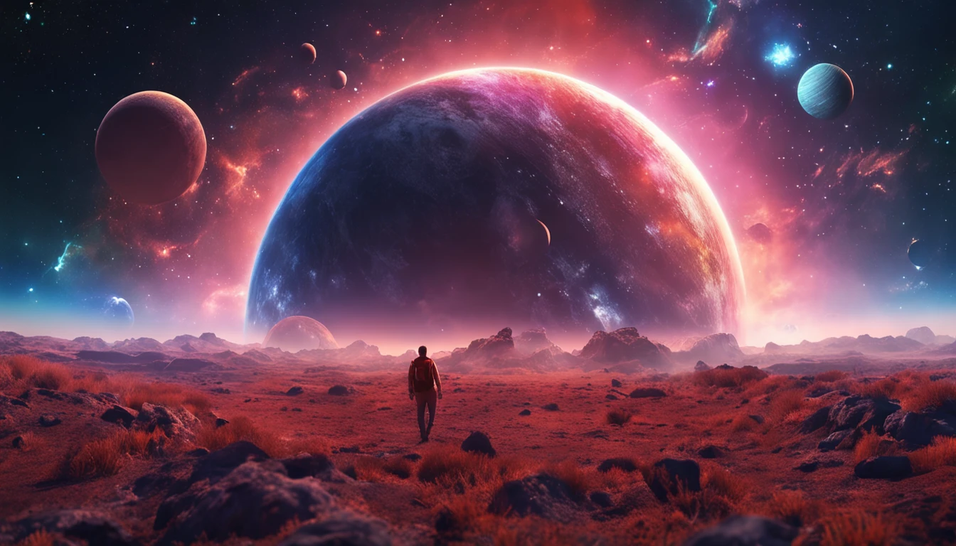 alta qualidade, 8k ultra hd |, A man before a space full of planets, cosmic enlightenment, no plano astral, universo estrelado e colorido, various planets