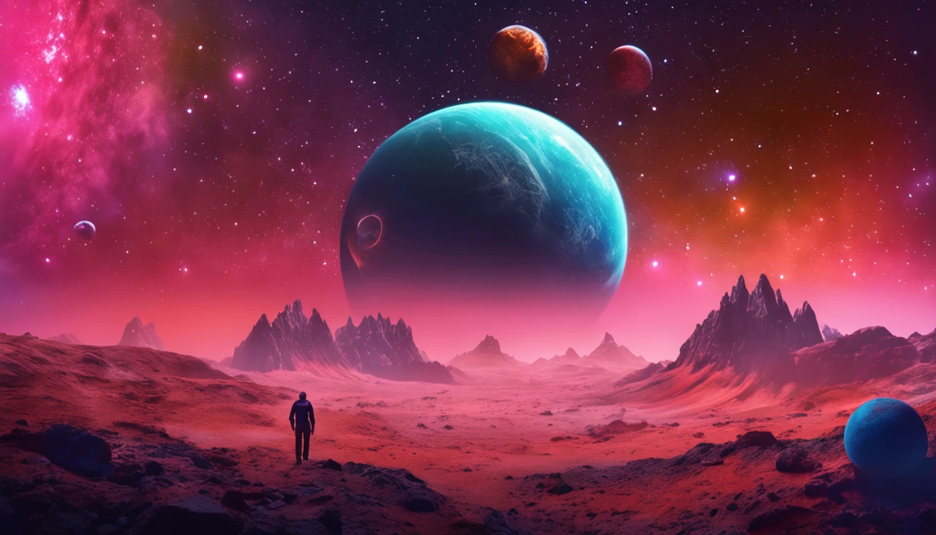 alta qualidade, 8k ultra hd |, A man before a space full of planets, cosmic enlightenment, no plano astral, universo estrelado e colorido, various planets