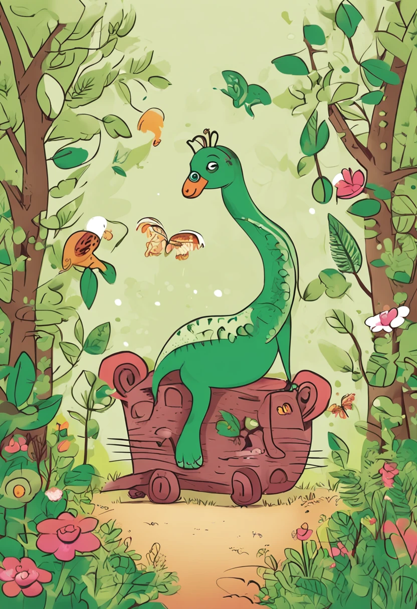 estilo infantil, livro infantil, uma pequena lagartixa verde vibrante , uma raposa, um esquilo e uma coruja, em uma floresta, bonita, alegre, divertida