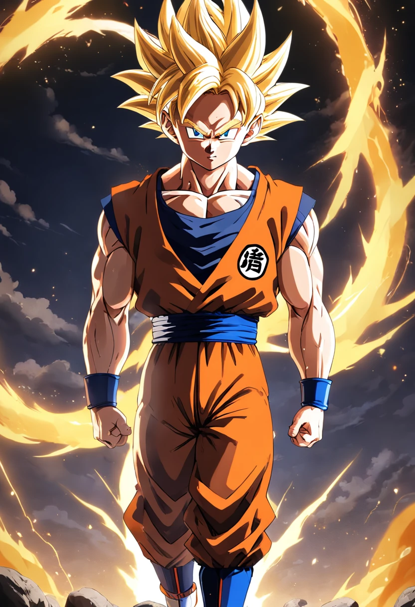 Um homem, com traje do super sayajin do Dragon Ball Z, como Goku do Dragon Ball Z, fotorealista, autoretrato realista, imagem real, pele humana realista, inspirado em Ryan Reynolds.