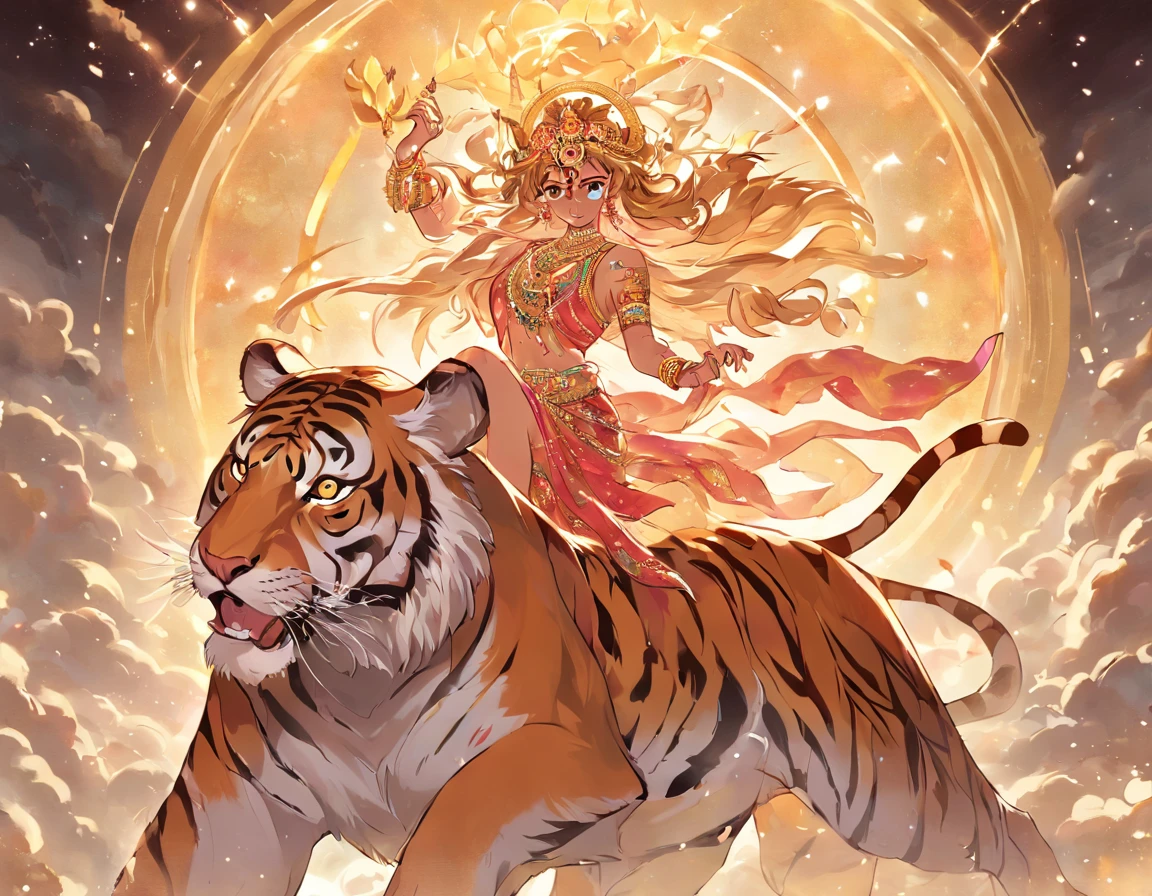 "Goddess Durga gracefully riding a majestic tiger, radiating divine power and strength, adorned with intricate golden jewelry and vibrant attire, surrounded by a celestial aura, in a awe-inspiring mythical landscape."